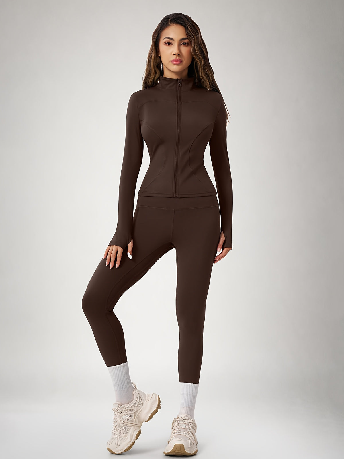 Thumbhole Cropped Zip Jacket & Leggings Set - Espresso