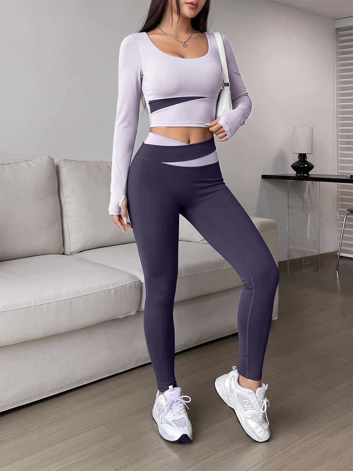 Spliced Finger Tab Crop Top & Pants Set - Light Purple & Dark Purple