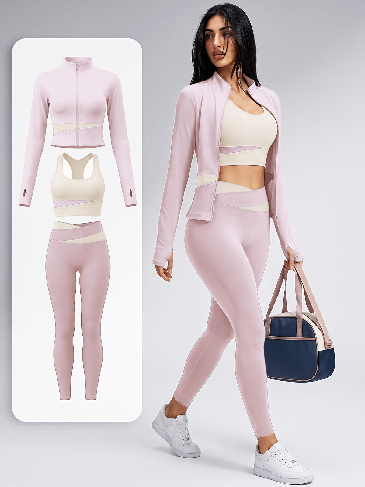 Colour Block Thumbhole Jacket 3 Piece Set - Pink & Cream White