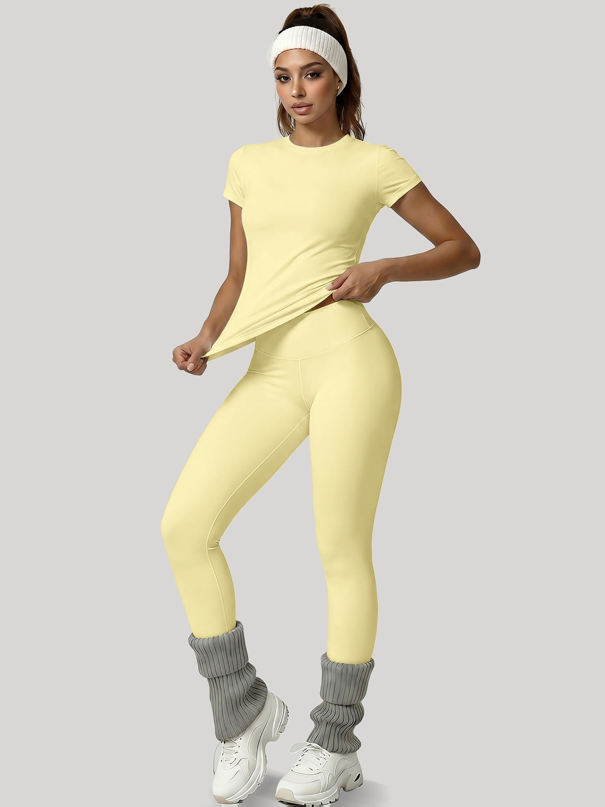 Round Neck Top & Tummy Tuck Leggings Set - Yellow