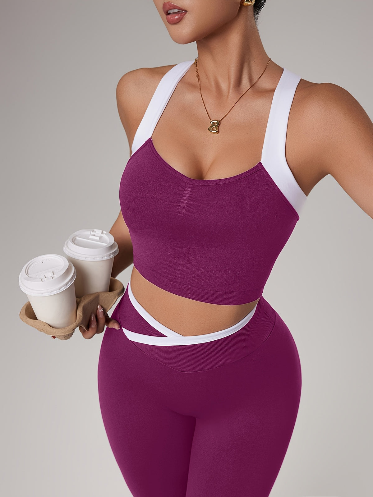 Cross Strap Bra & Leggings Set - Fuchsia