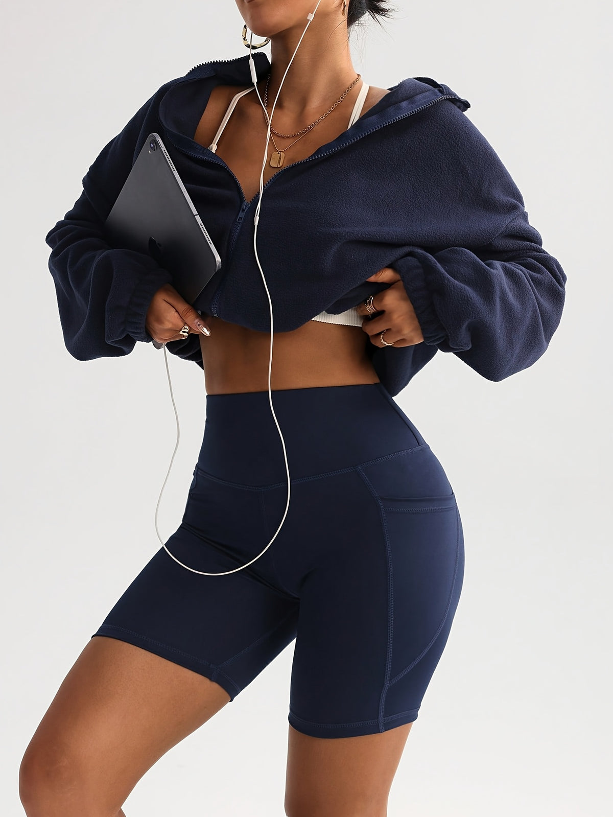 High Waist Compression Pocket Shorts - Navy