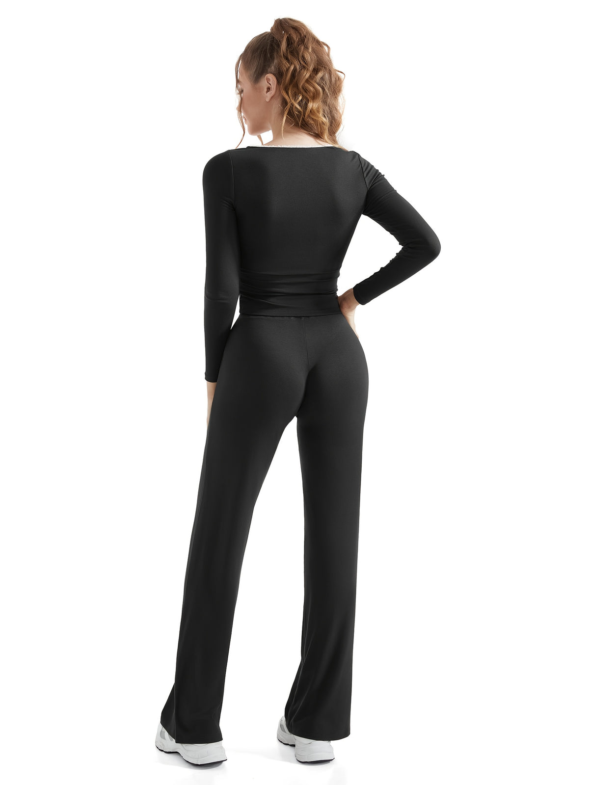 Long Sleeve High Waist Straight Pants Set - Black