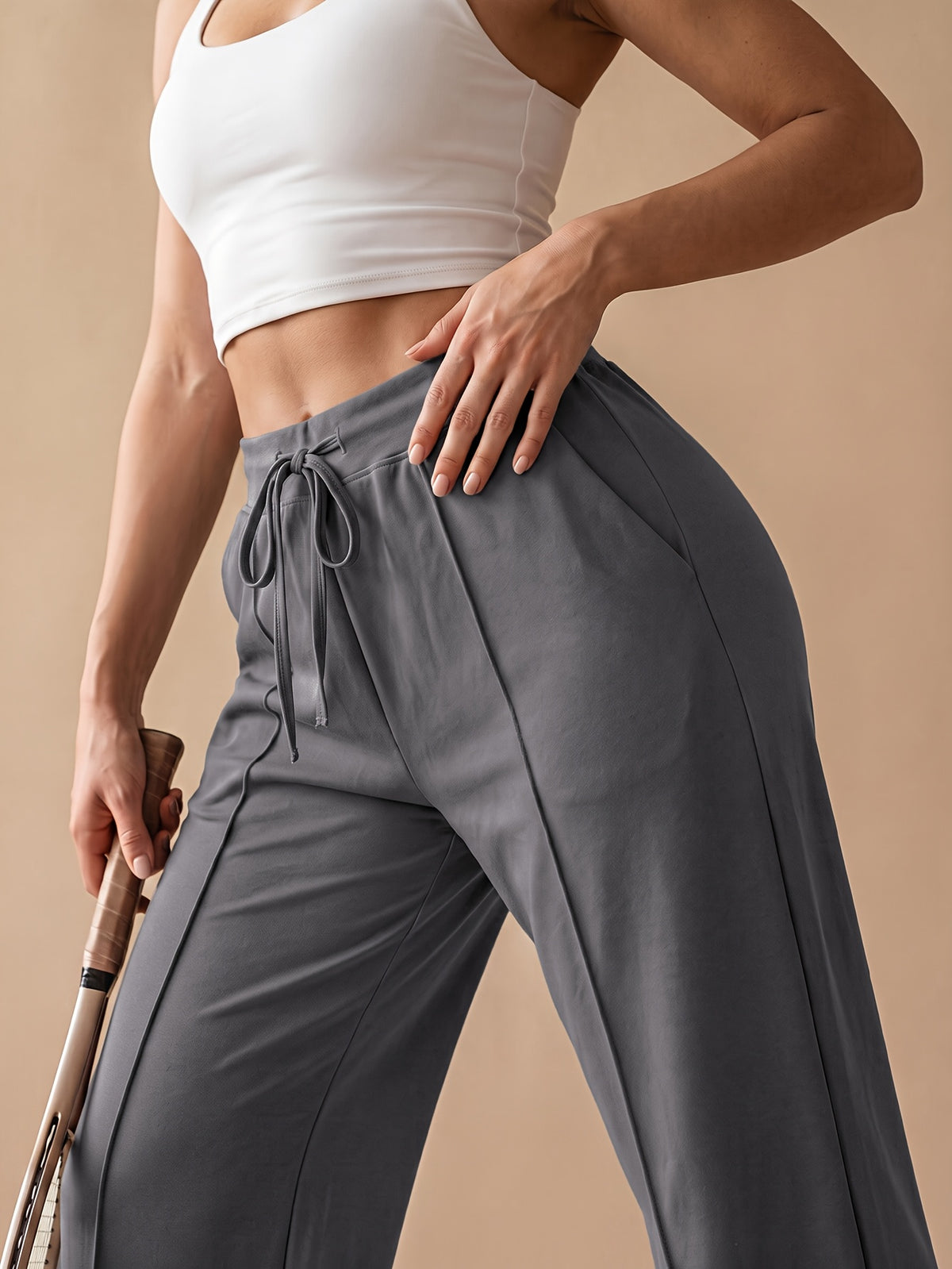 Drawstring Wide Leg Pocket Yoga Pants - Grey