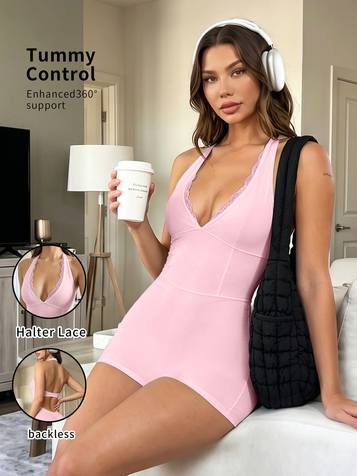 Lace Halter Deep V Romper - Hot Pink