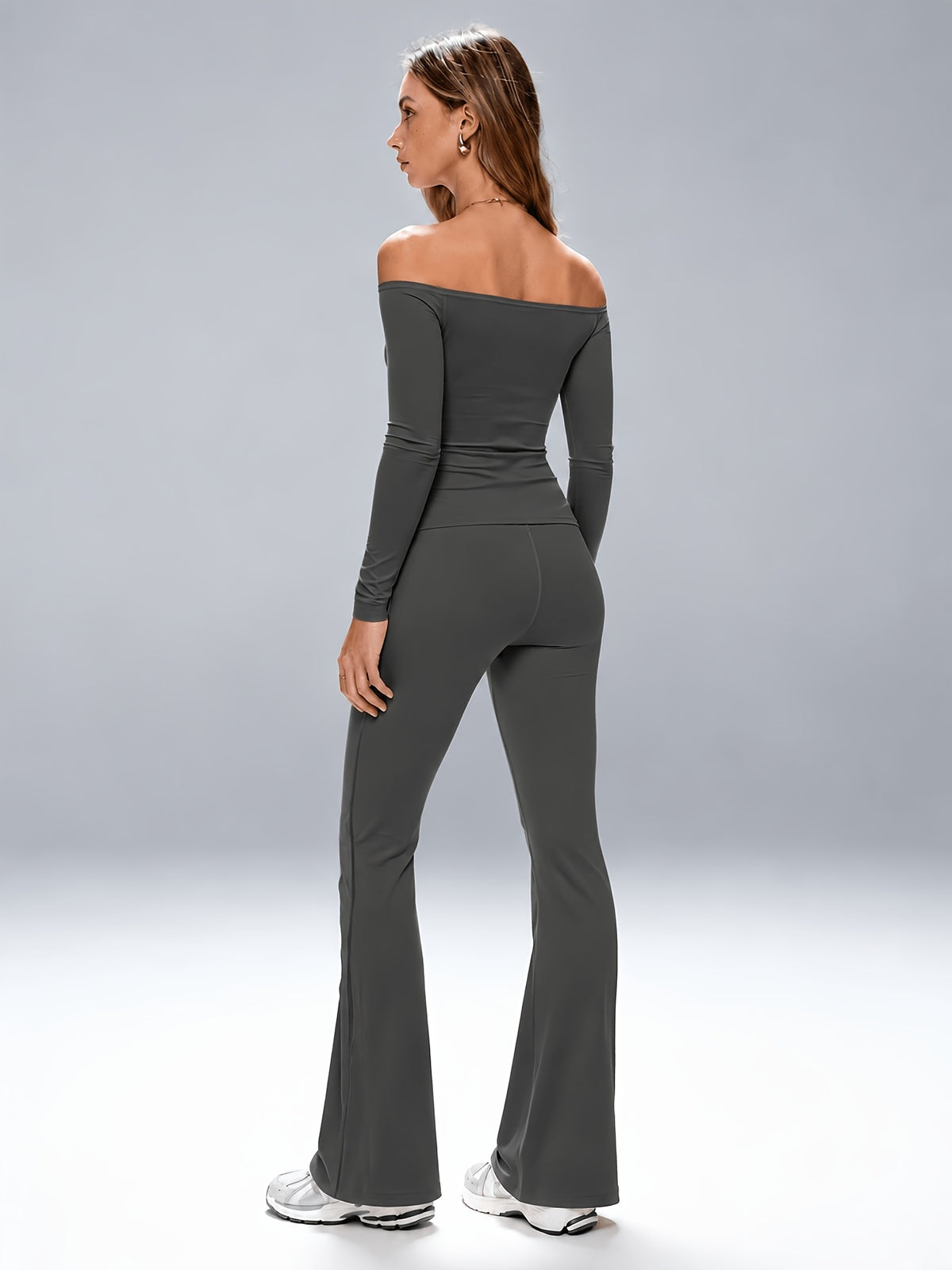 Off-Shoulder Top & Flared Joggers Set - Dark Gray