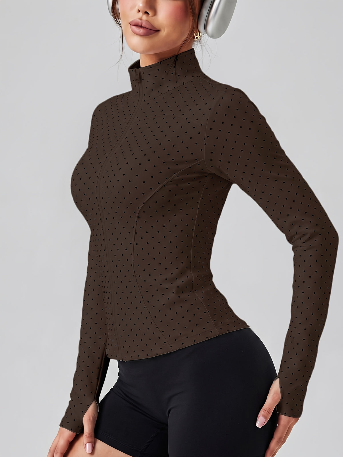 Pin Dot Stand Collar Zip Jacket - Coffee