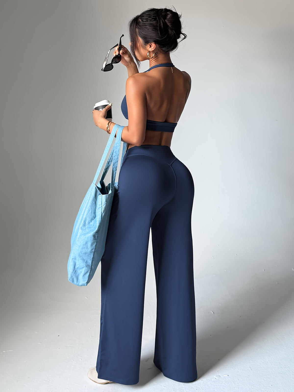 Shaper Top & Straight Leg Pants Set - Navy