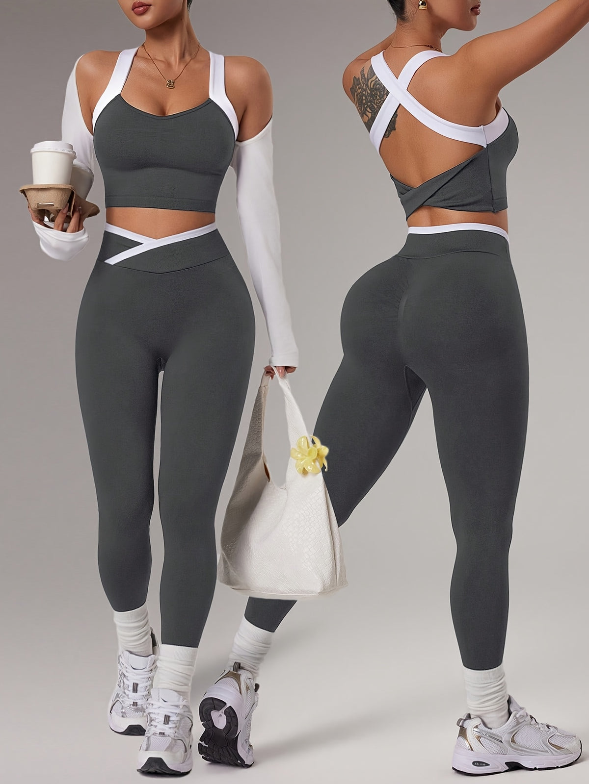 Cross Strap Bra & Leggings Set - Dark Grey