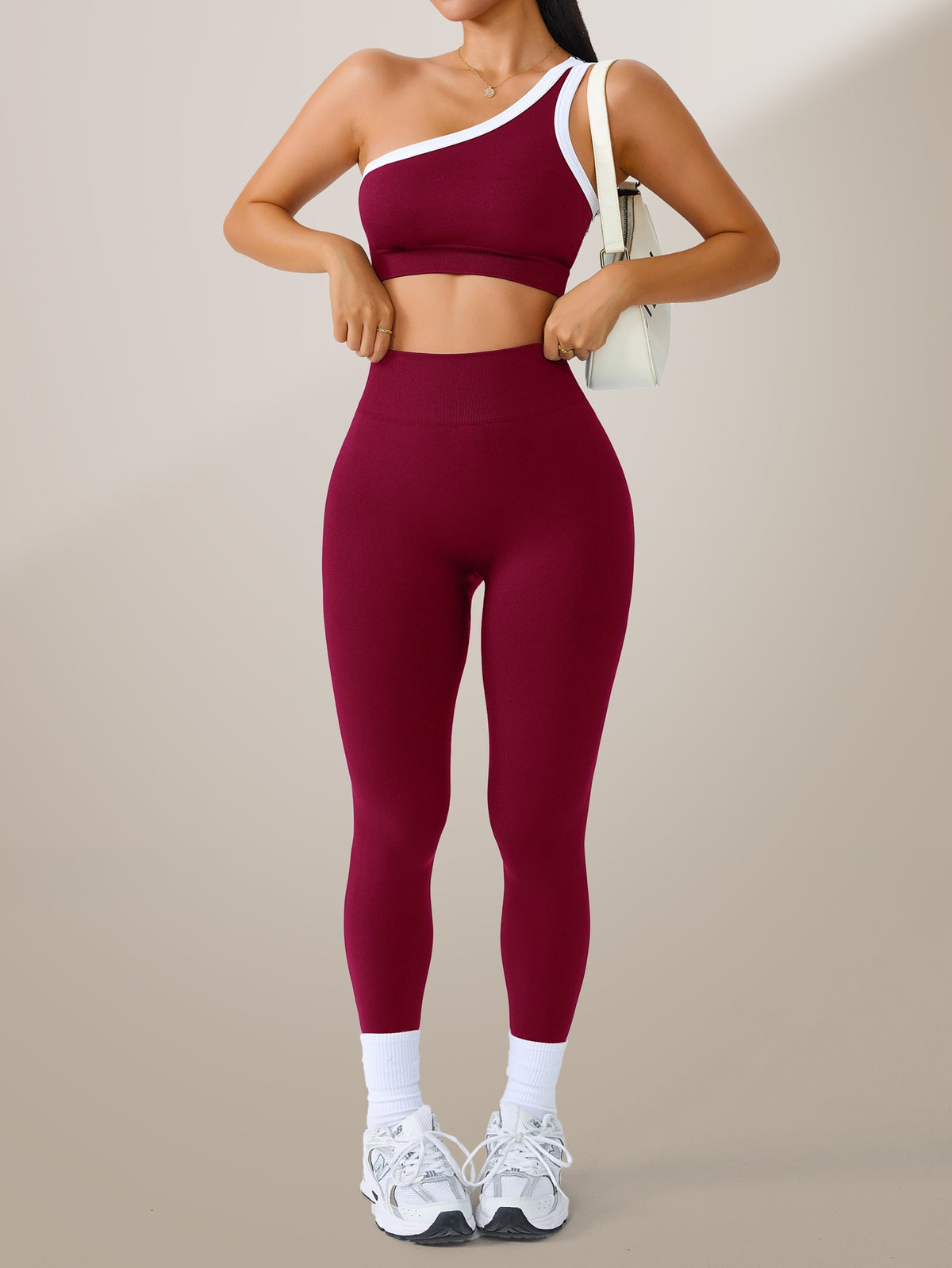 One Shoulder Bra & Leggings Set - Burgundy