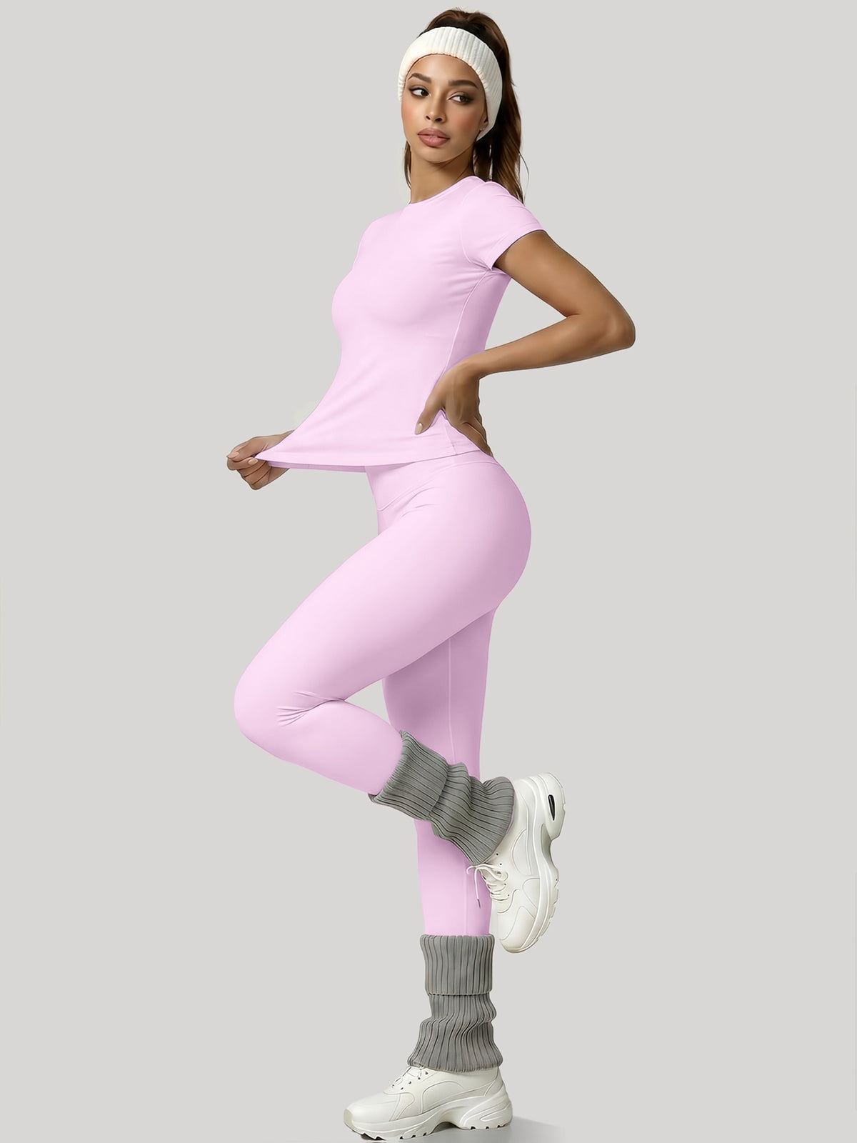 Round Neck Top & Tummy Tuck Leggings Set - Pink