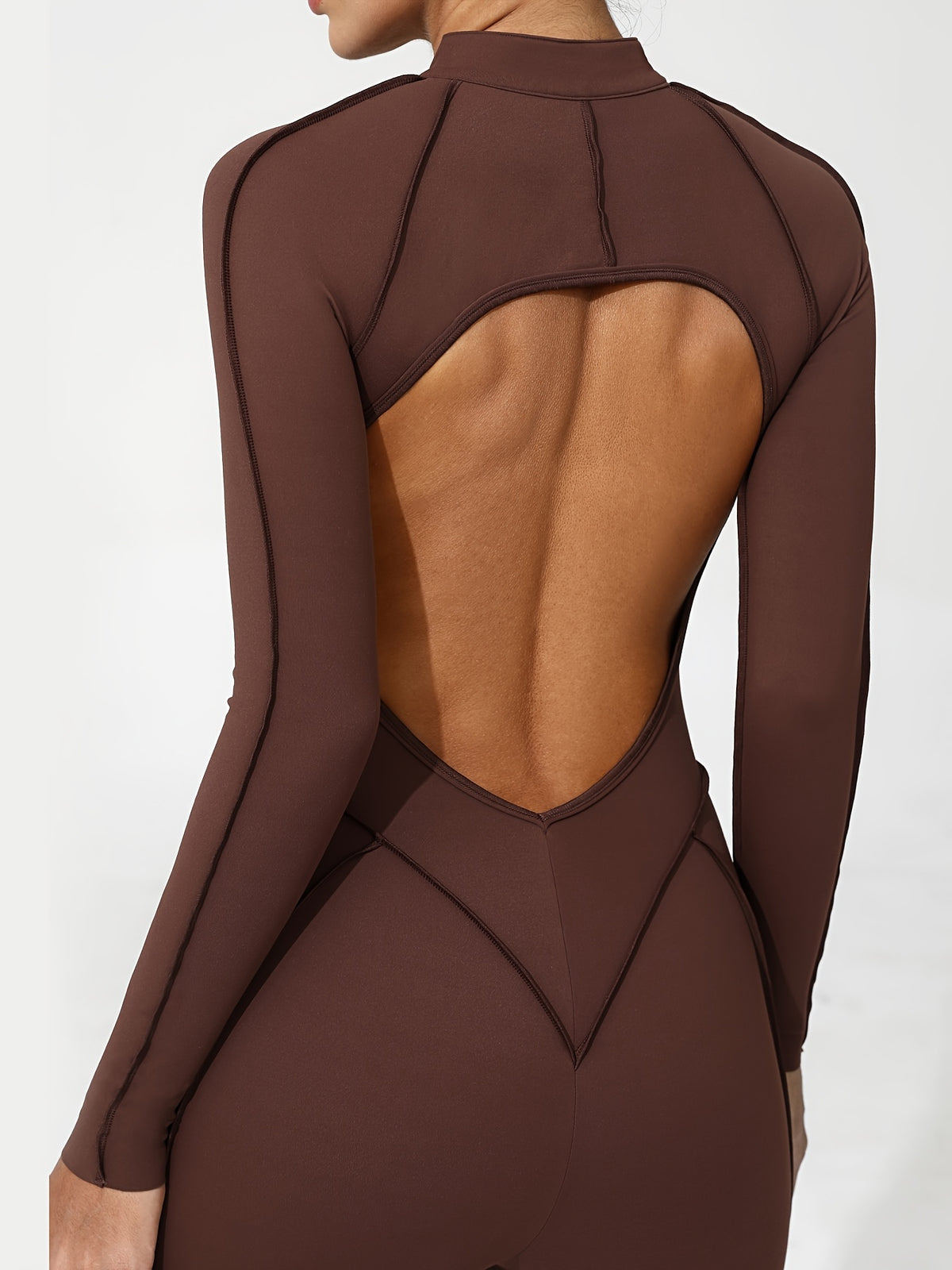 Half Zip Open Back Long Sleeve Jumpsuit - Coffee