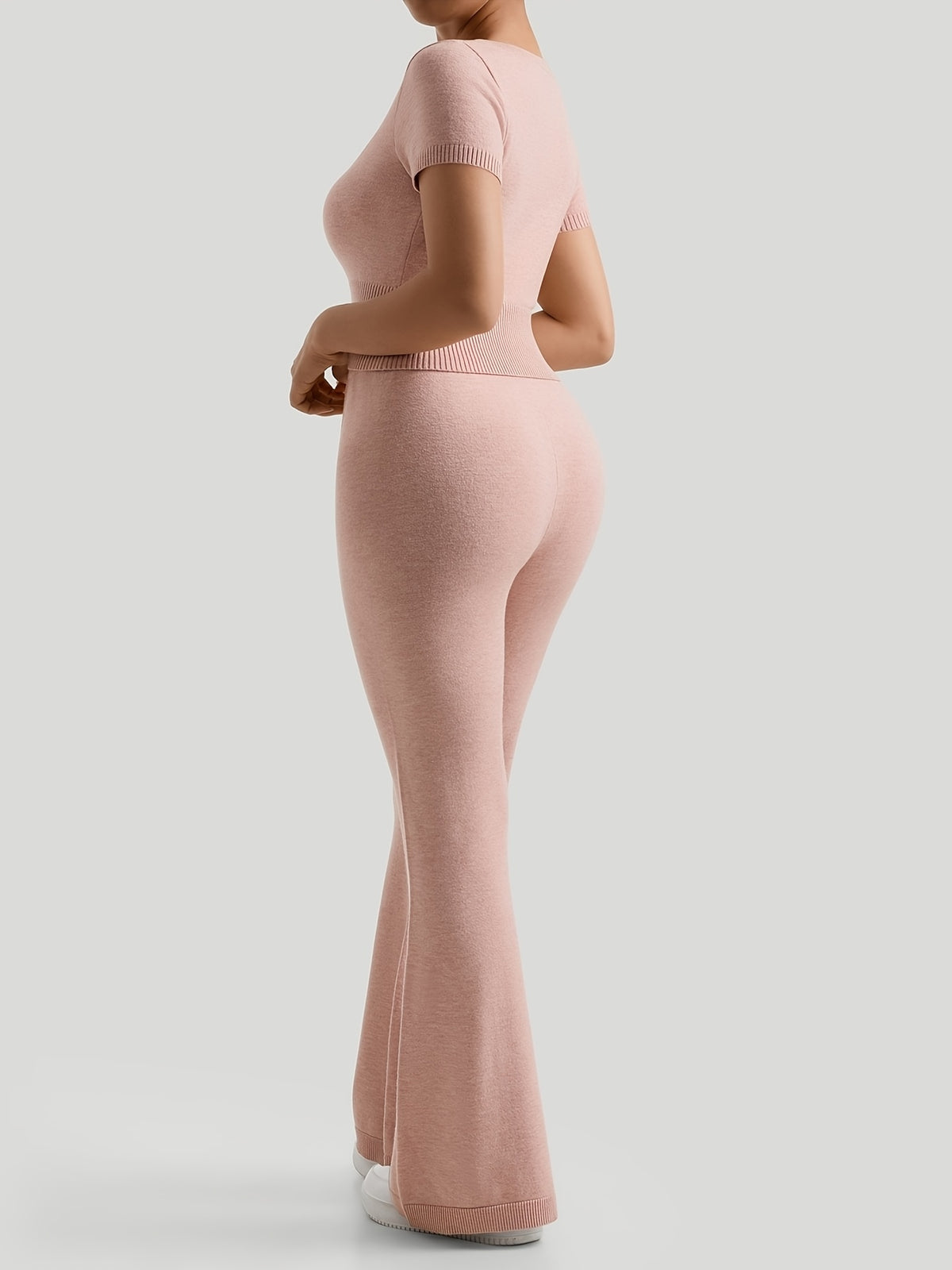 Seamless Square Neck Tee & Wide Leg Set - Pale Pink