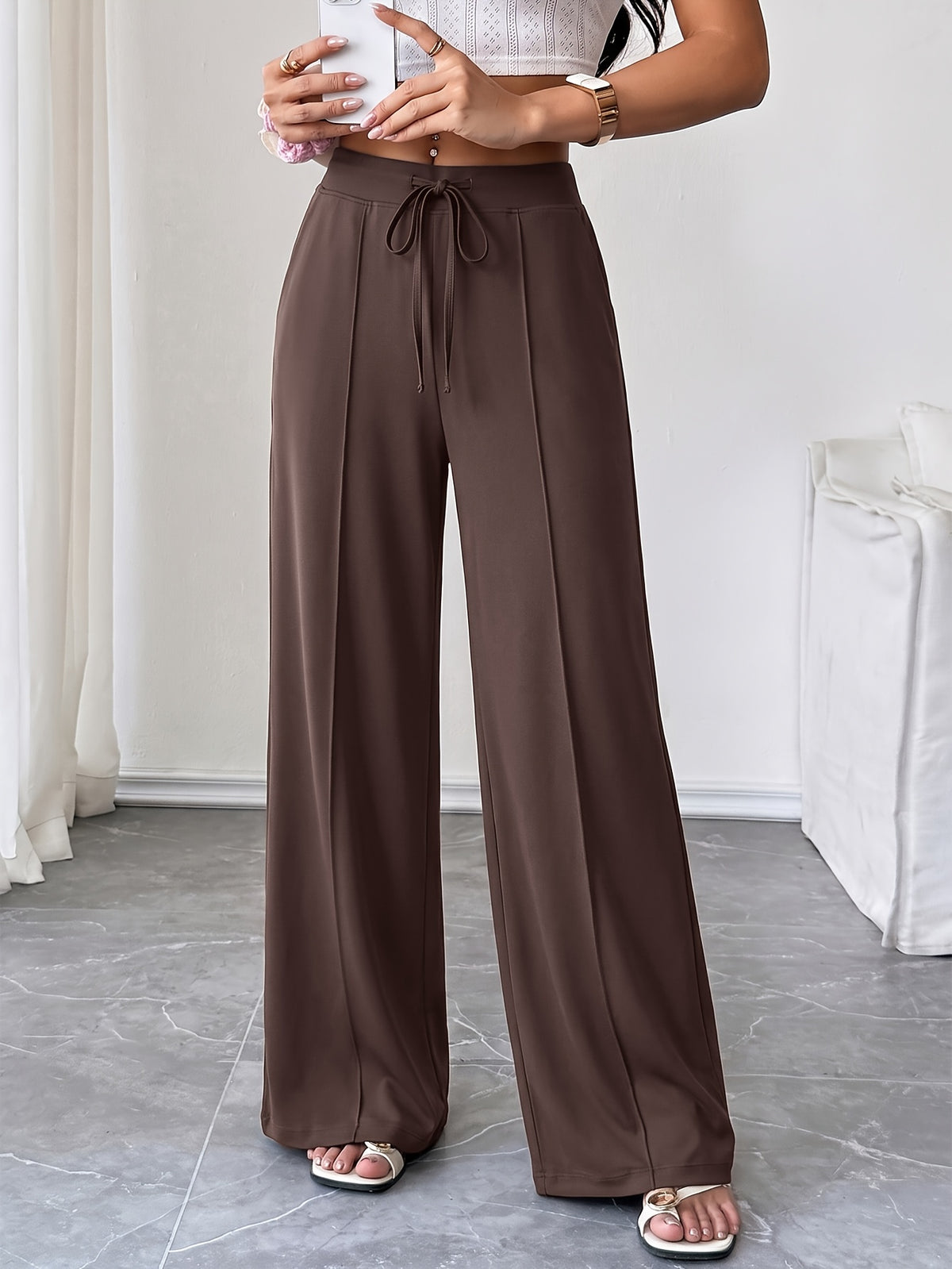 Drawstring Flowy Wide Leg Pants - Coffee