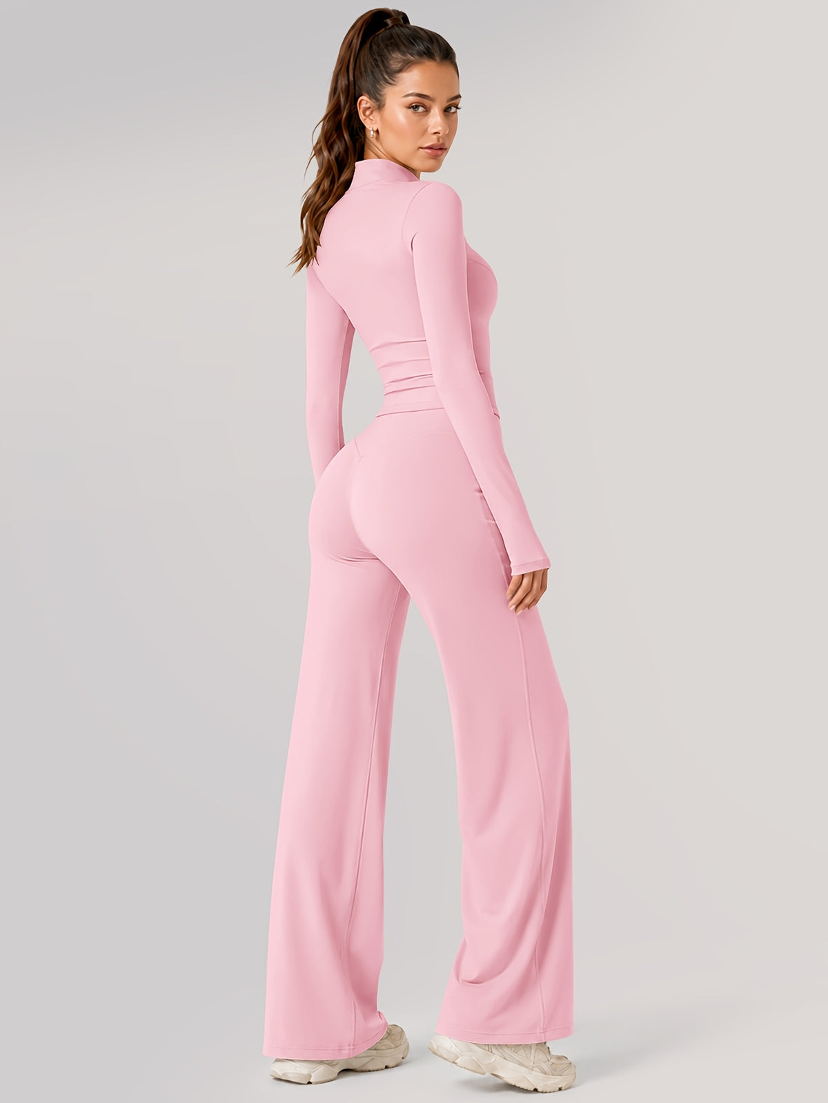 Zip Jacket & Wide Leg Pants Set - Pink
