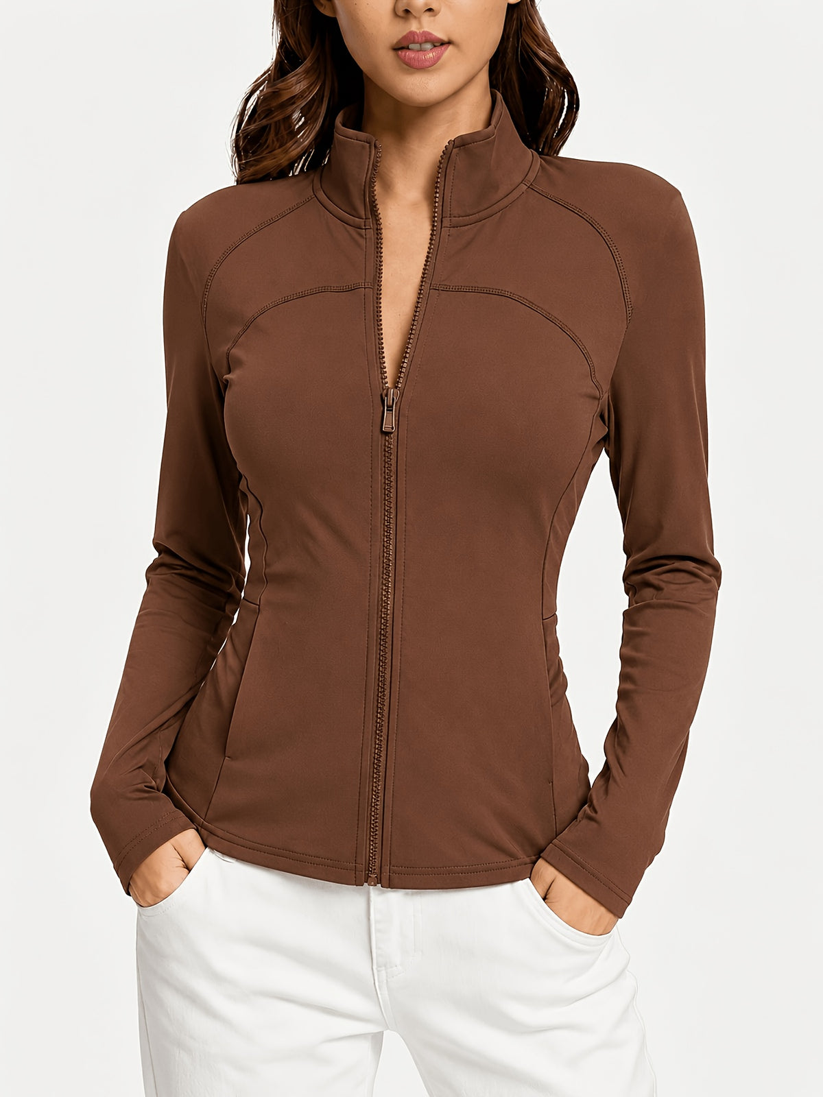 Stand Collar Double Sided Zip Jacket - Brown