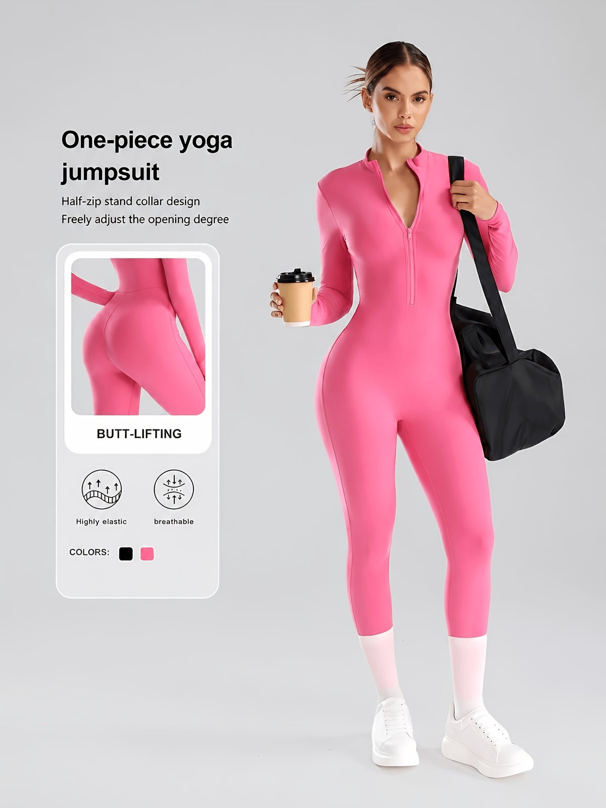 Half Zip Stand Collar Unitard - Bright Pink