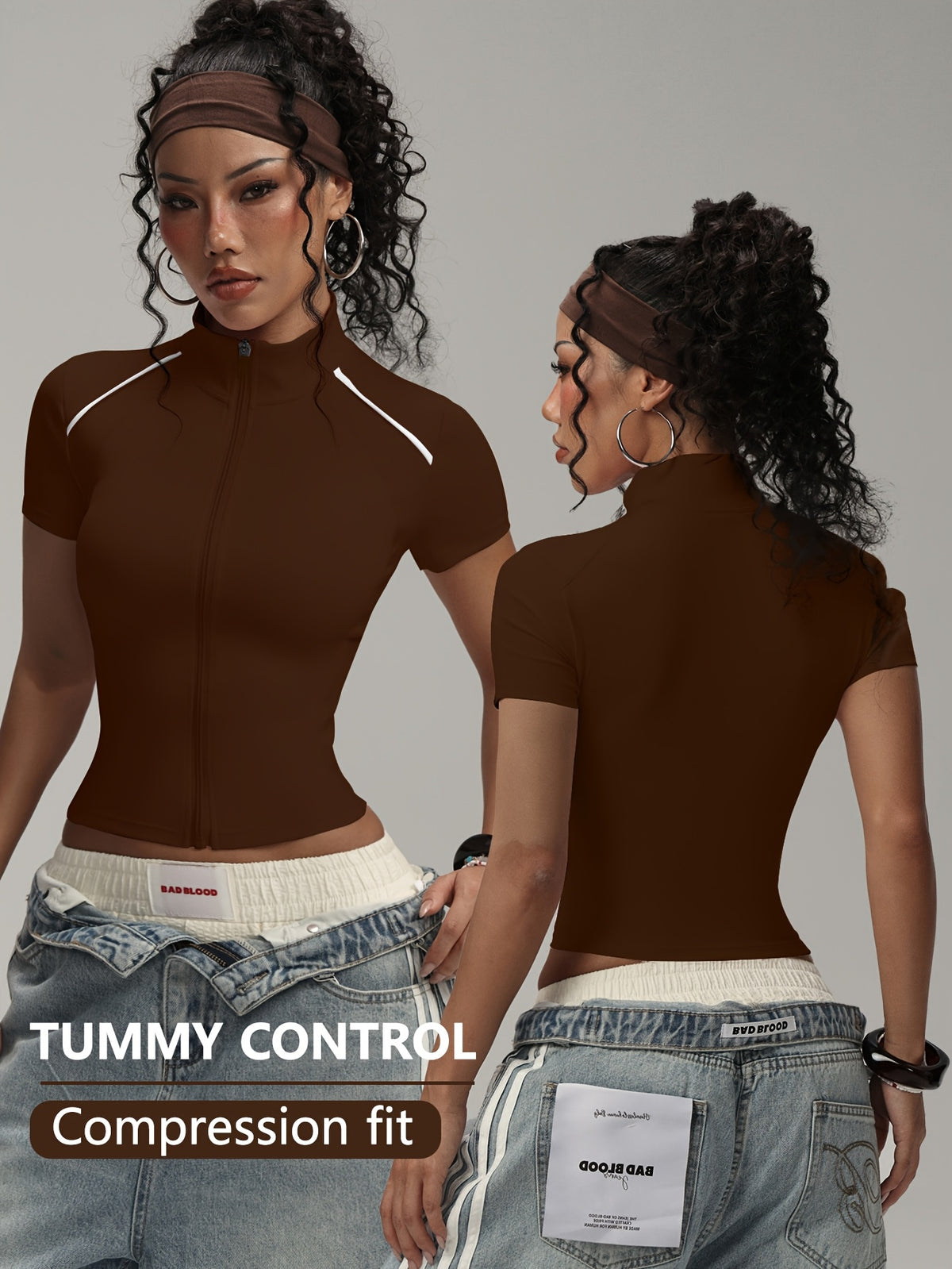 Short Sleeve Zip Top - Dark Brown