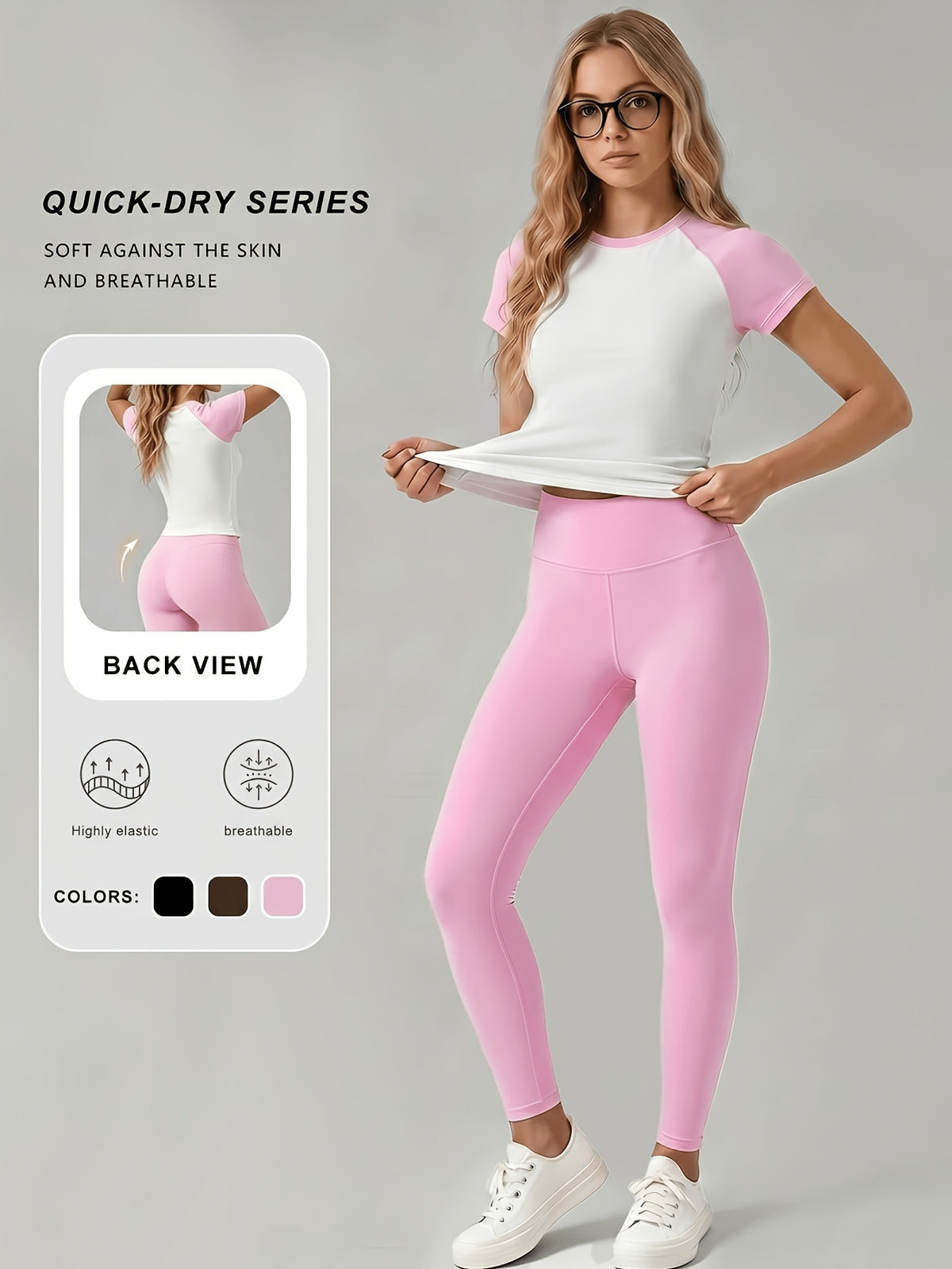 Sporty Tee & High Waist Elastic Pants Set - As Shown