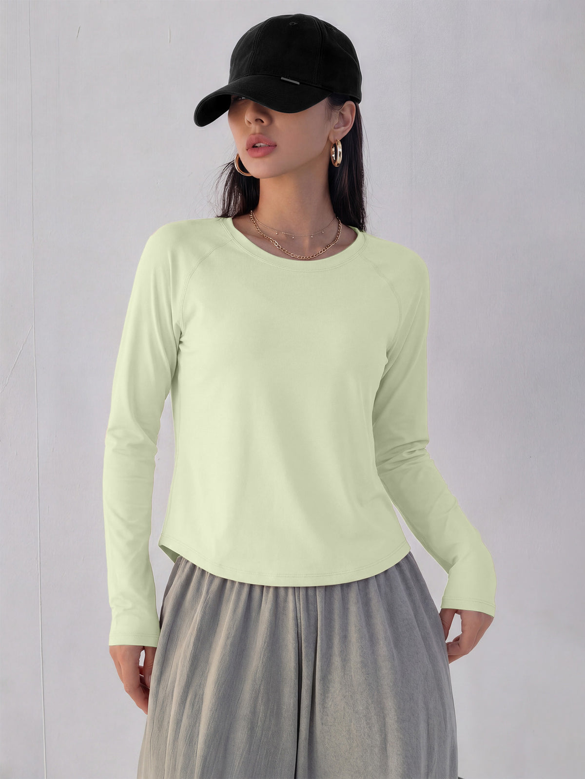 Mesh Back Panel Long Sleeve Top - Light Green