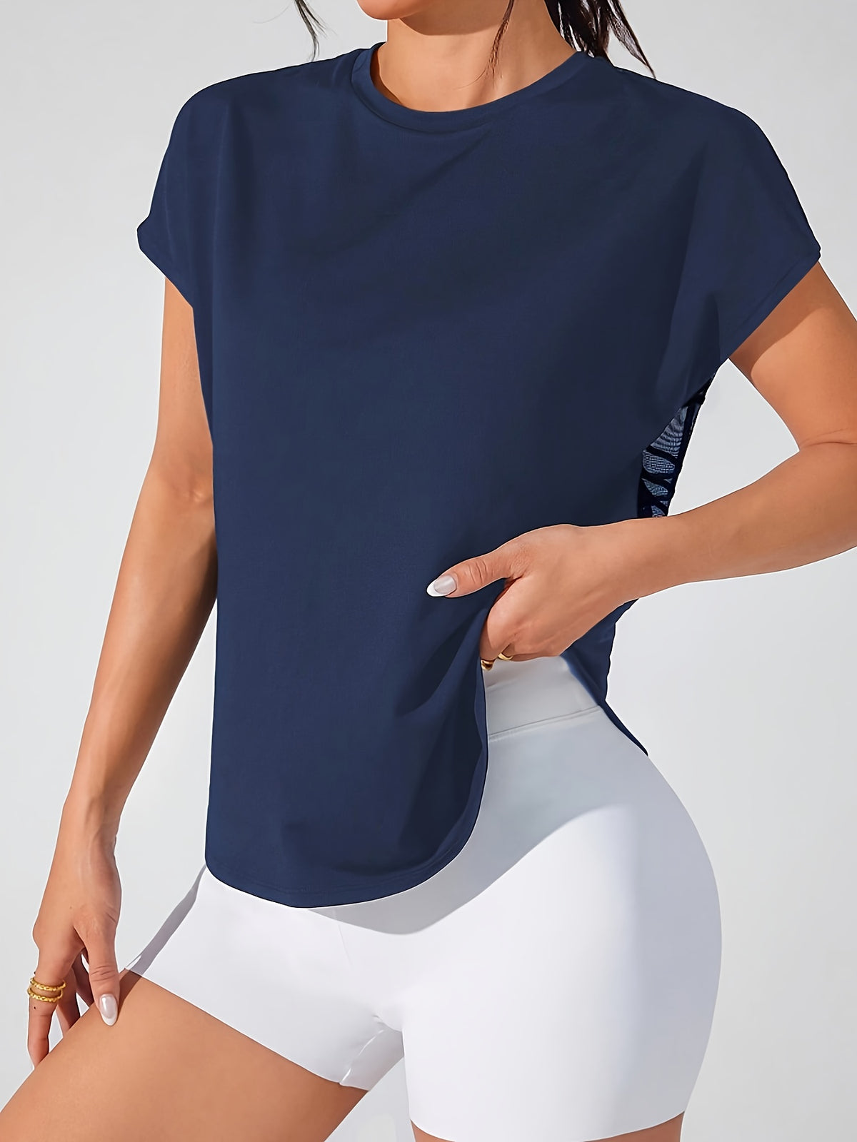 Geometric Mesh Back Sports Tee - Navy