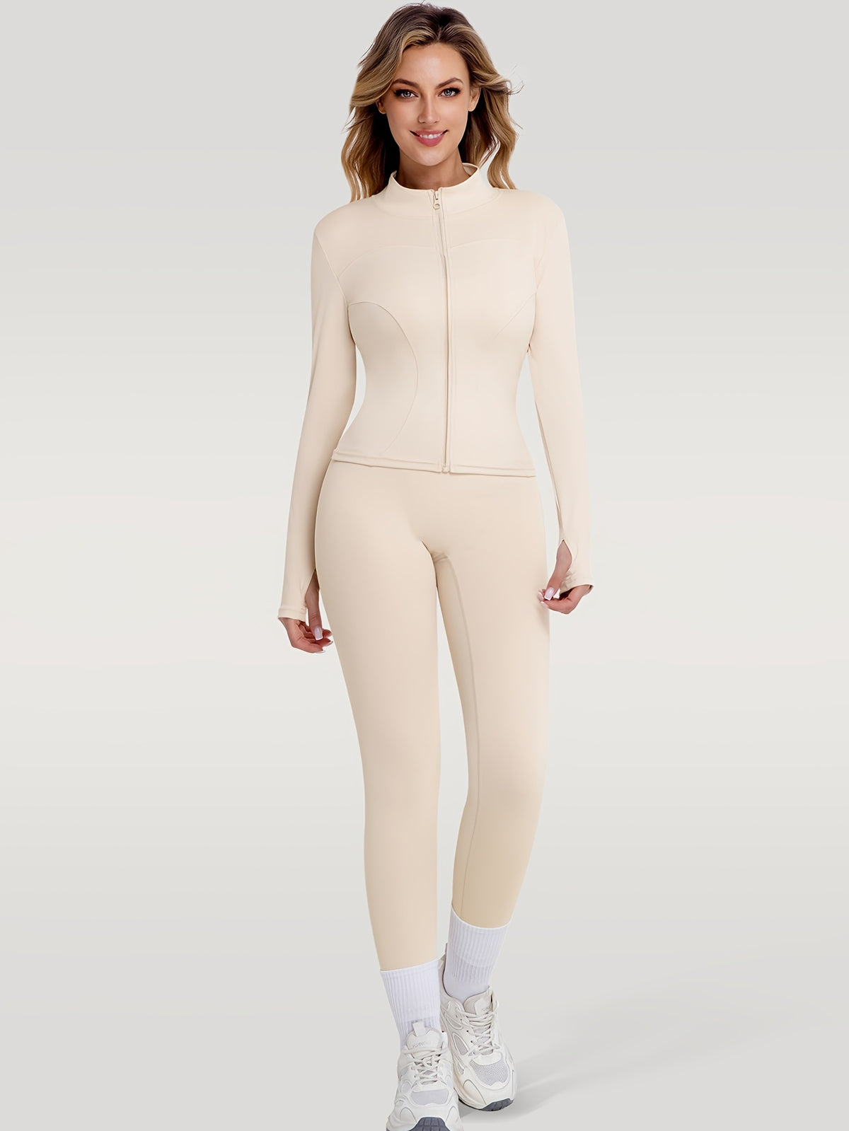 Figure Hugging Jacket & Pants Set - Beige