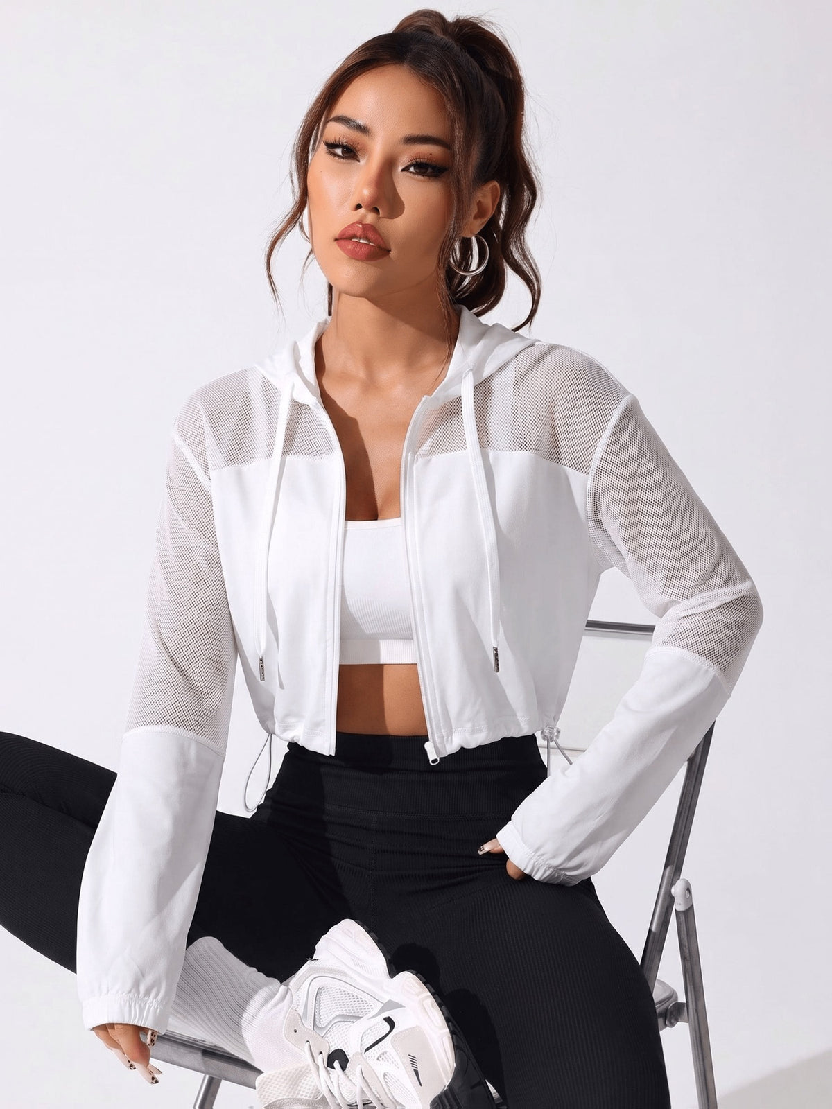 Mesh Patchwork Zip Up Hoodie - White