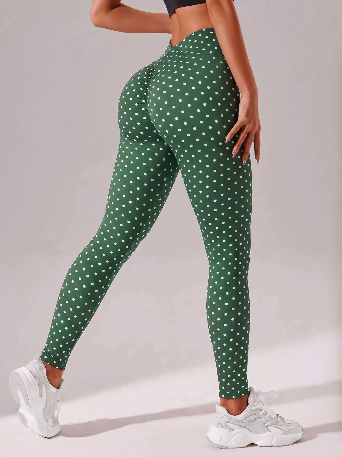 Polka Dot V Back Waist Leggings - White Spot On Green