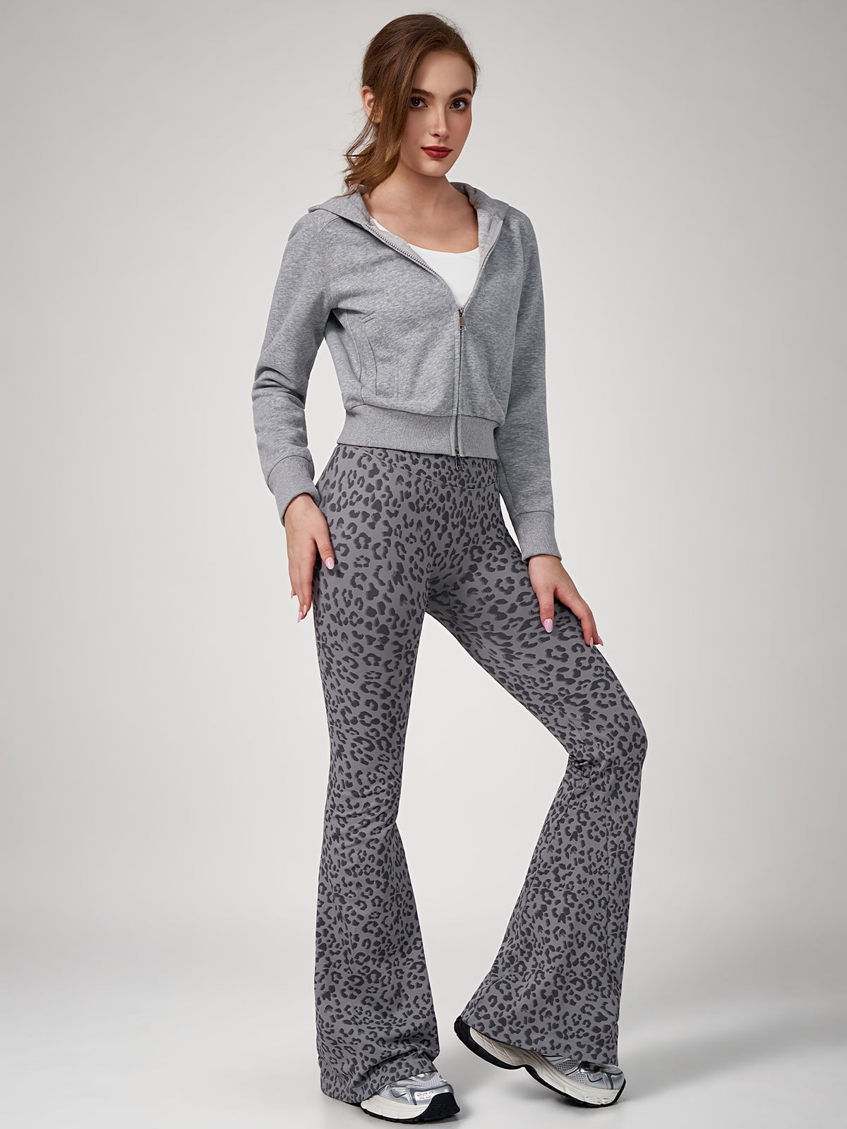 Leopard Print Flare Leggings - Grey