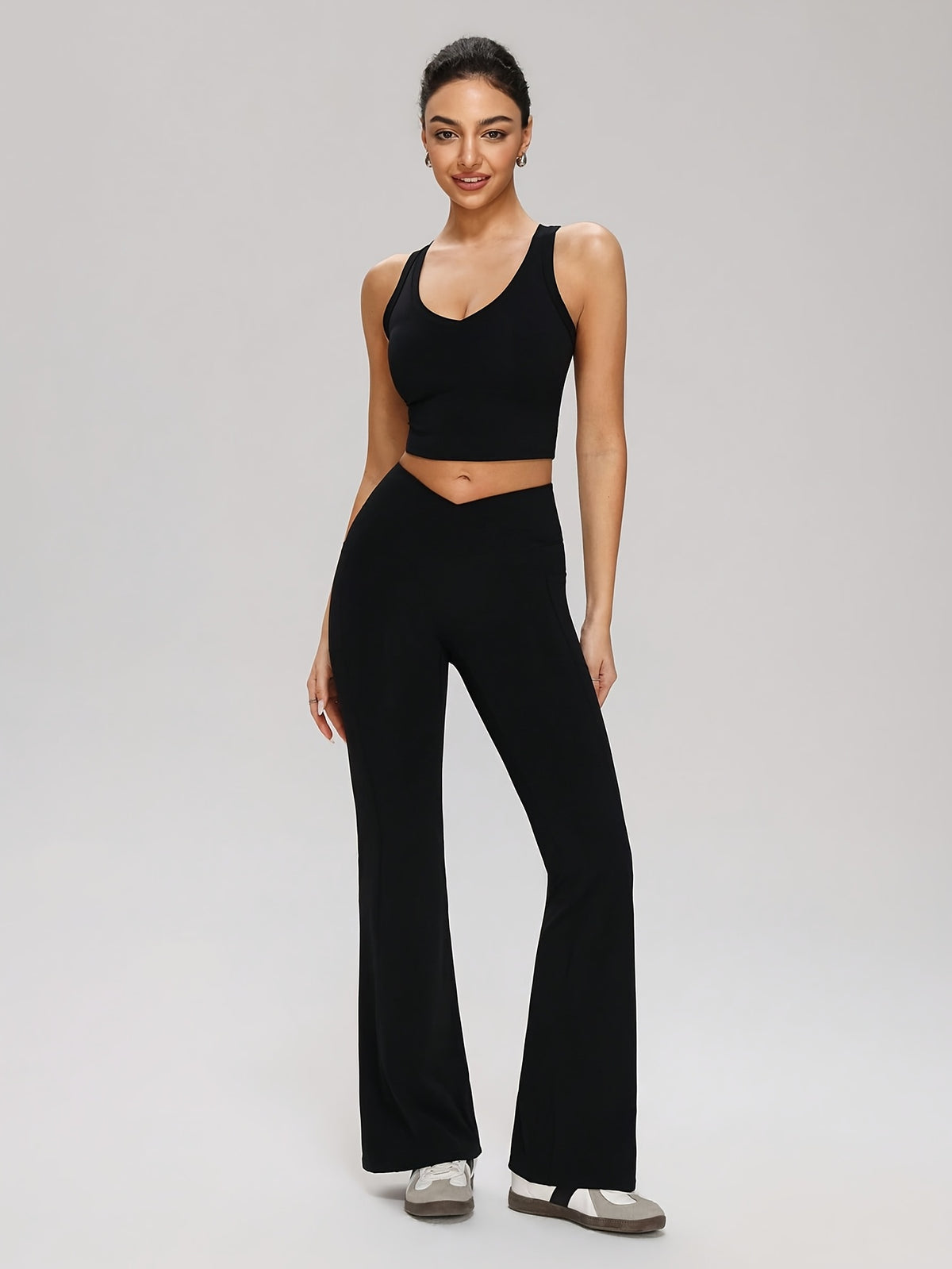 Cropped Tank & Flare Pants Set - Black