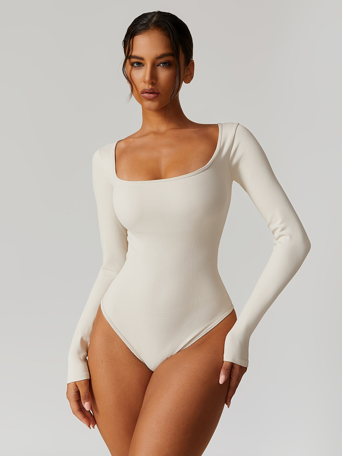 Square Neck Long Sleeve Thong Bodysuit - Beige