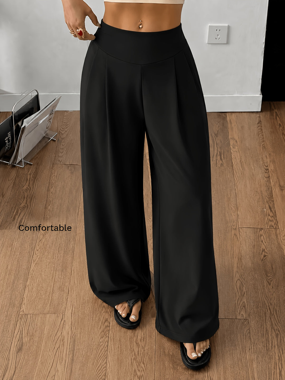Front Pleated Wide Leg Palazzo Pants - Black