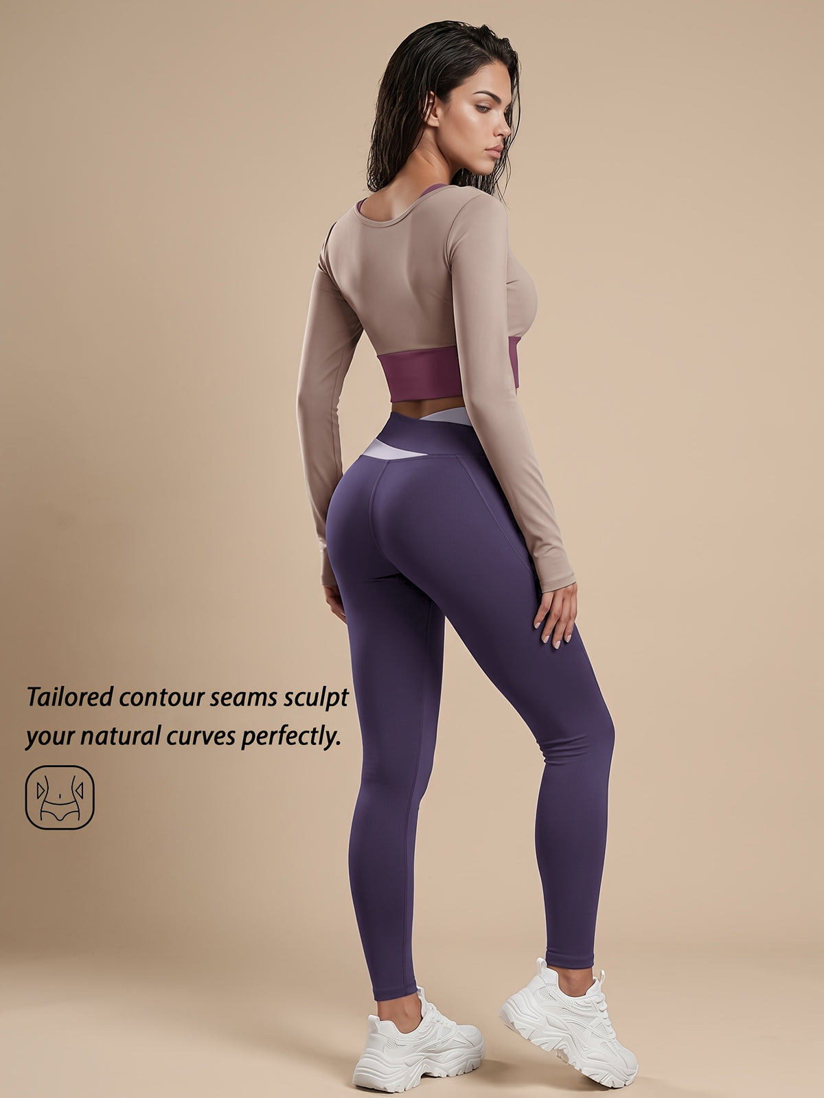 Faux Two-Piece Contrast Top & Leggings Set - Light Purple & Dark Purple