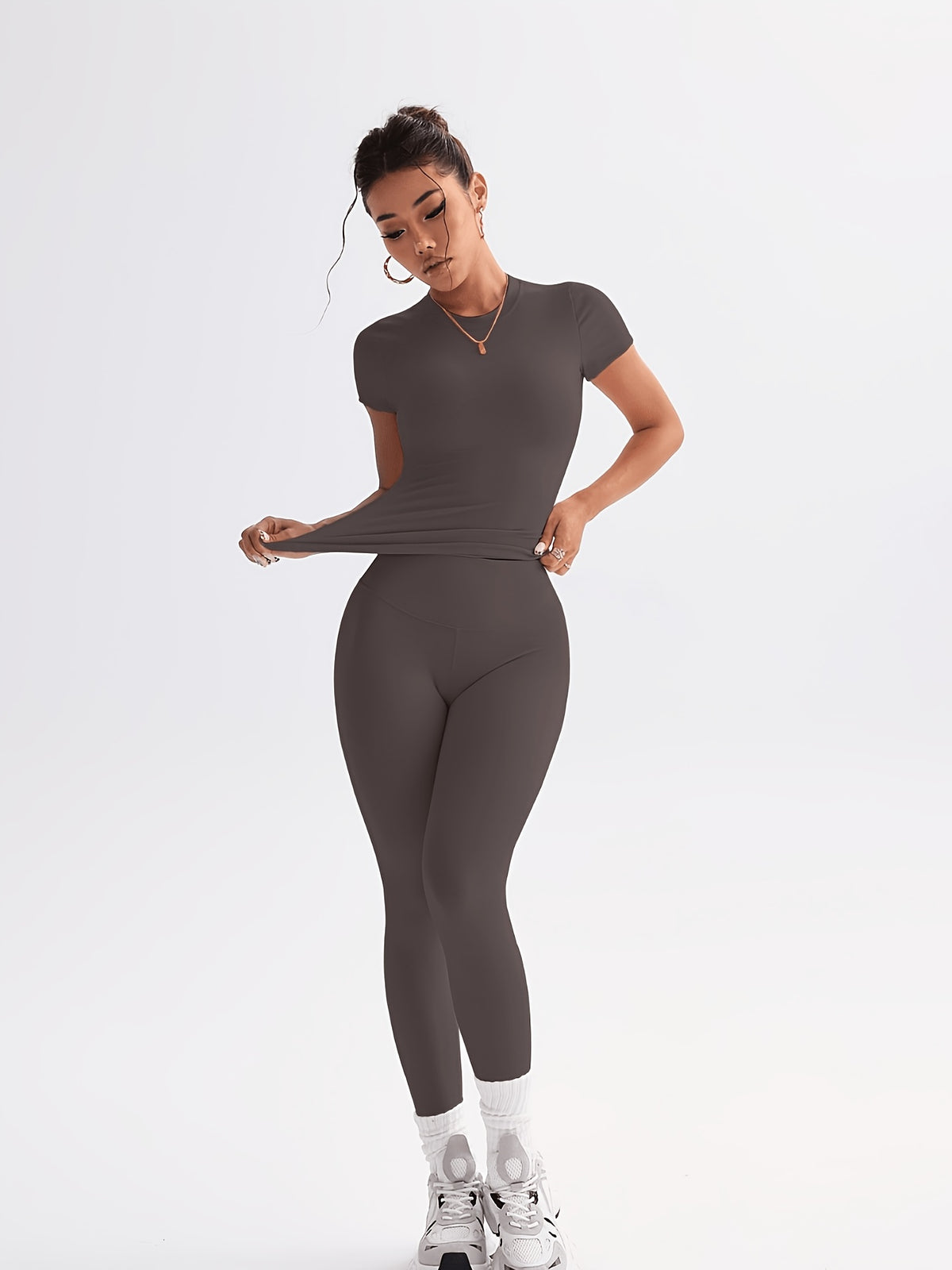 Cropped Tee & Leggings Set - Coffee