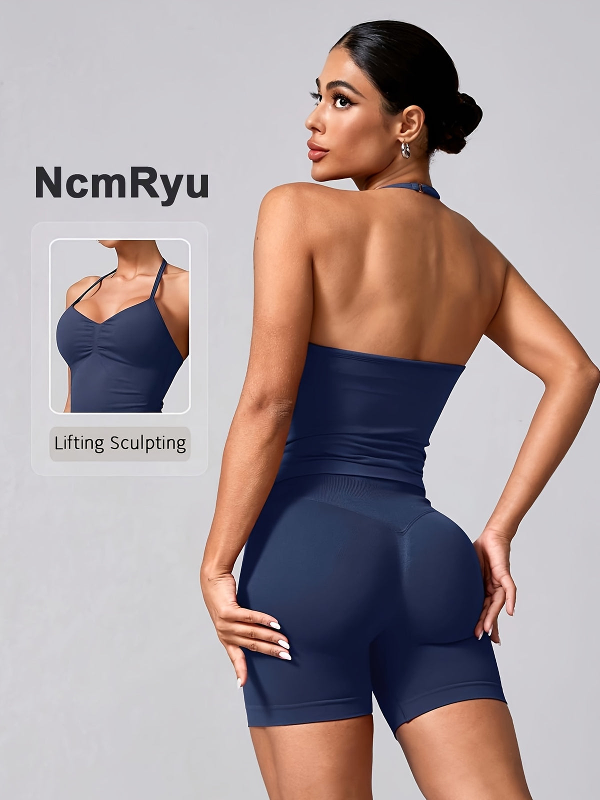 V Neck Halter Top & Shorts Set - Navy