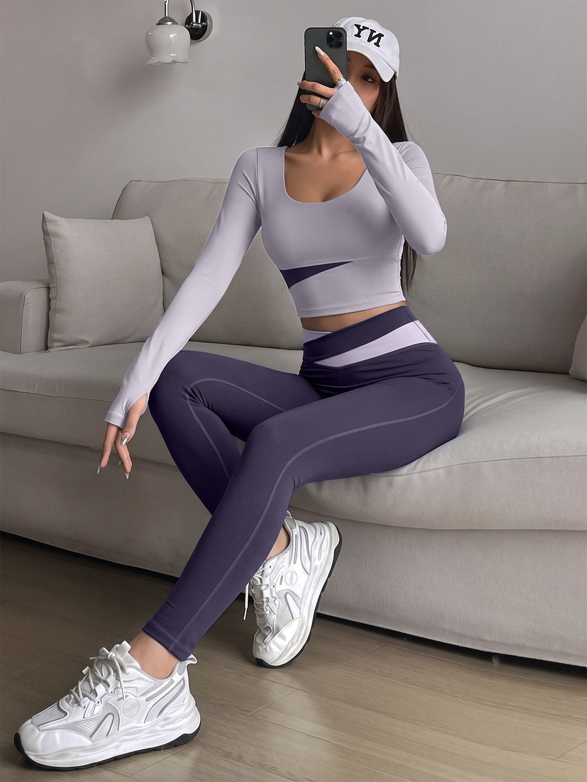 Spliced Finger Tab Crop Top & Pants Set - Light Purple & Dark Purple