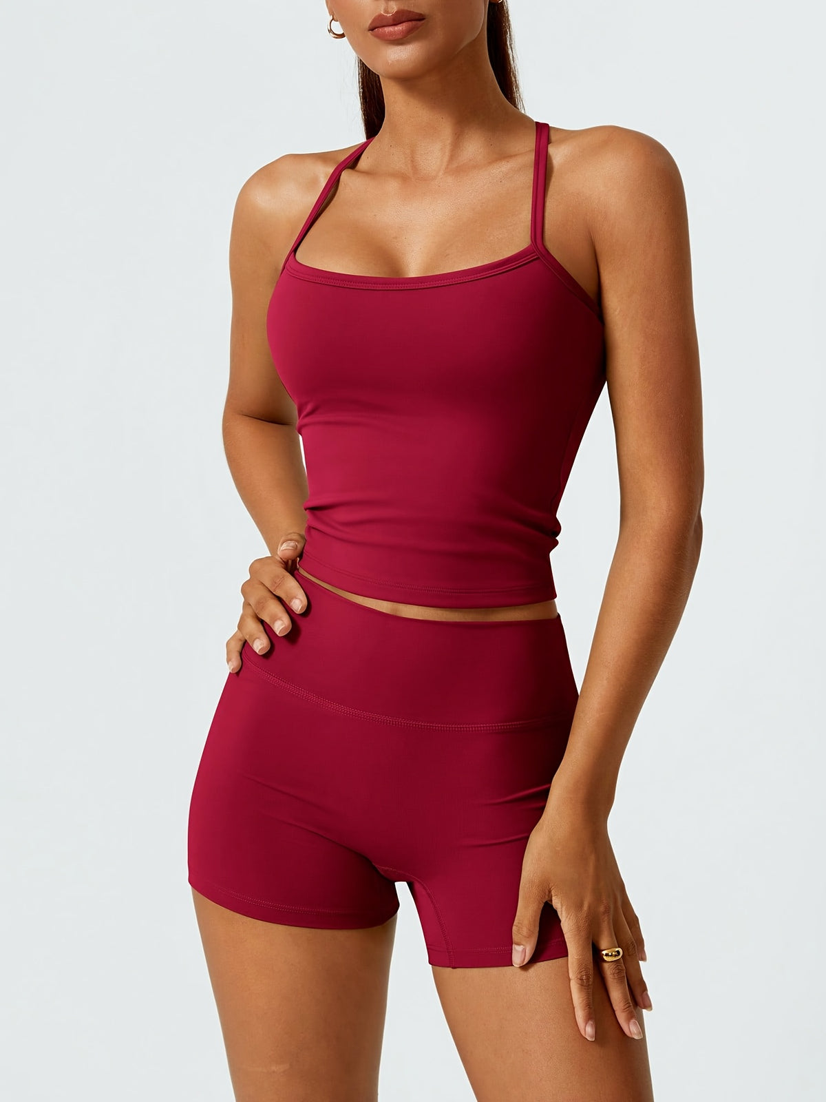 Strappy Back Tank & Shorts Set - Burgundy