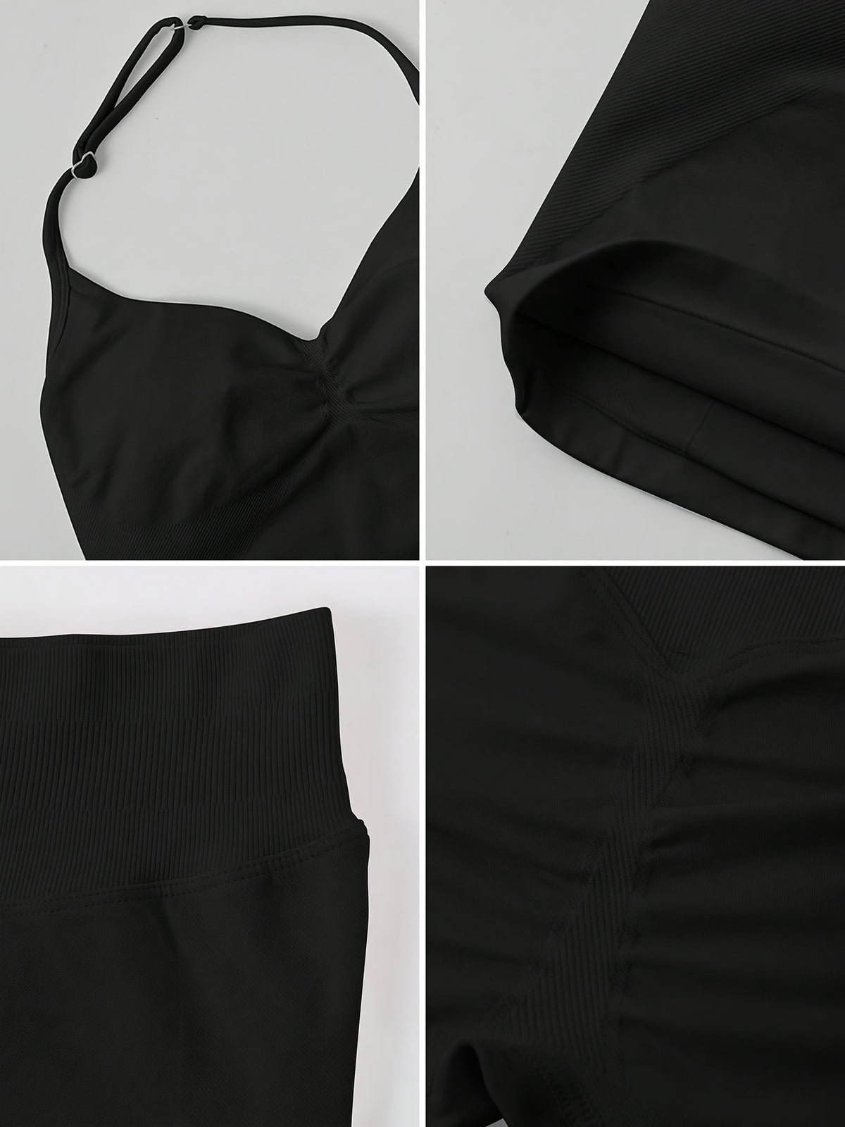 V Neck Halter Top & Shorts Set - Black