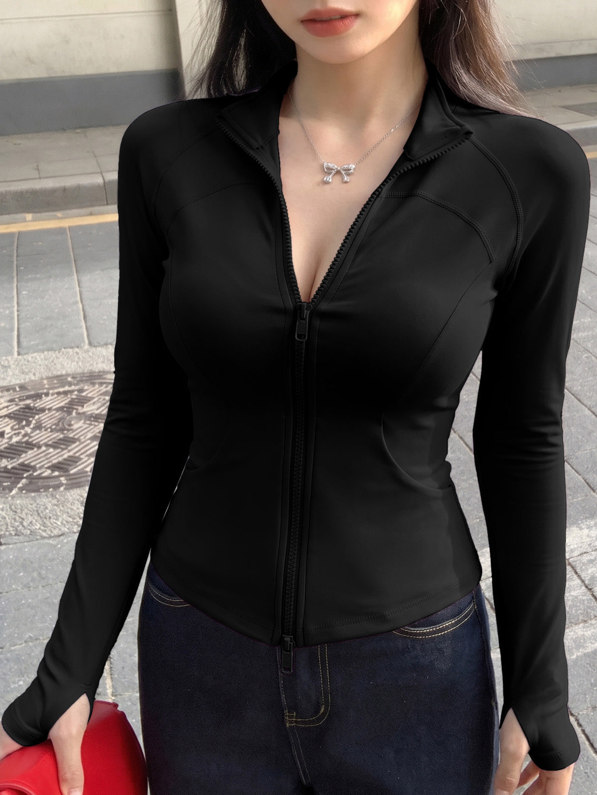 Double Zip Thumb Loop Fitted Jacket - Black