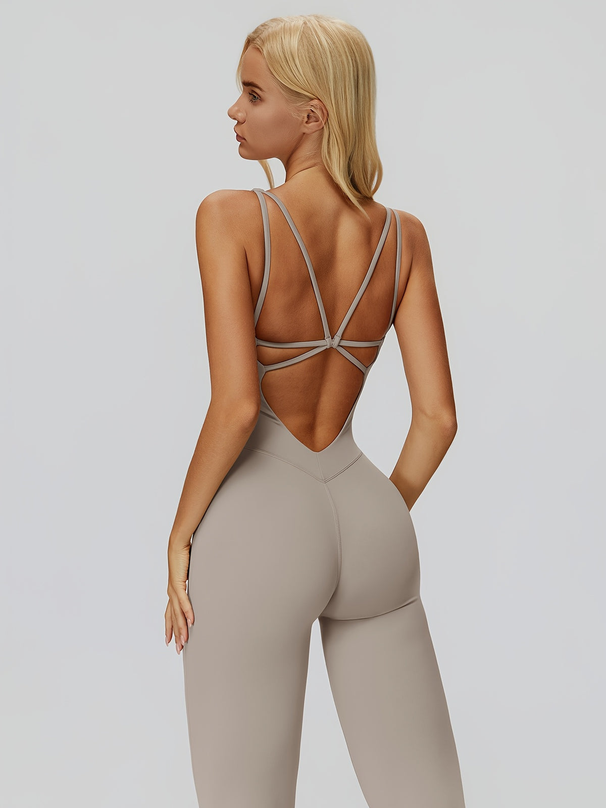 Cutout Back Yoga Jumpsuit - Silver Grey