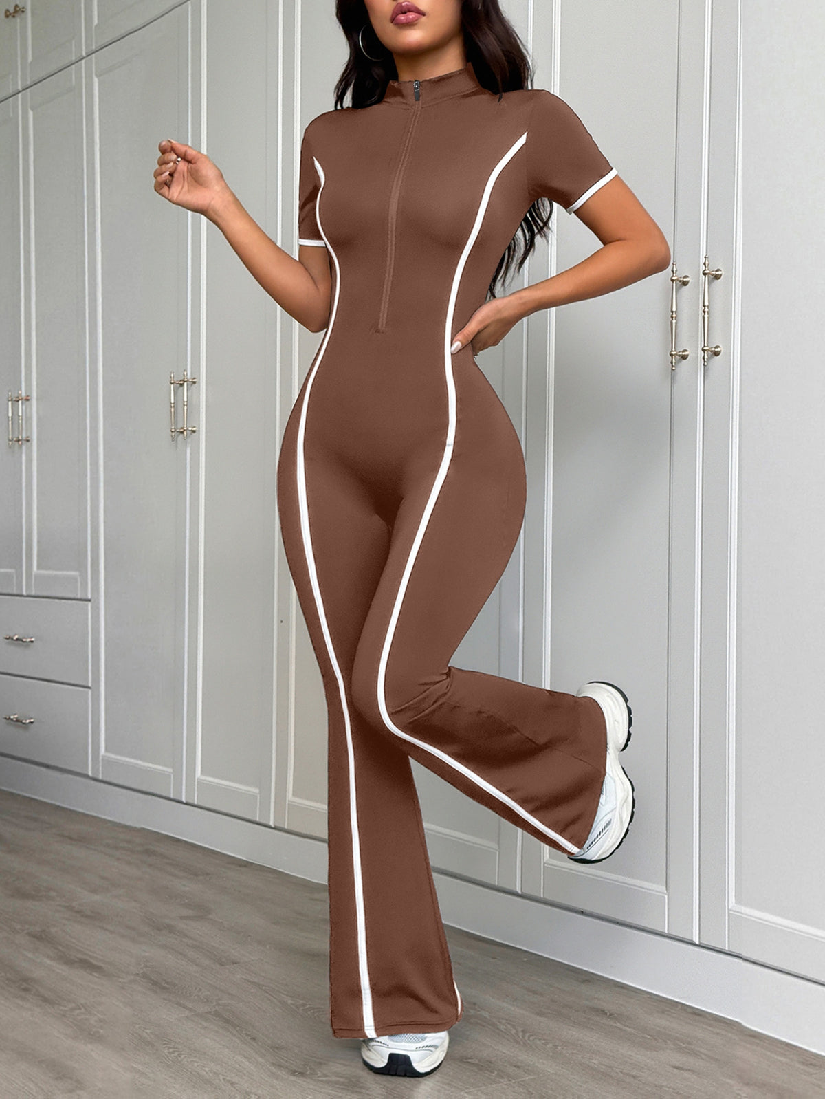 Zip Front Flare Jumpsuit - Coffee
