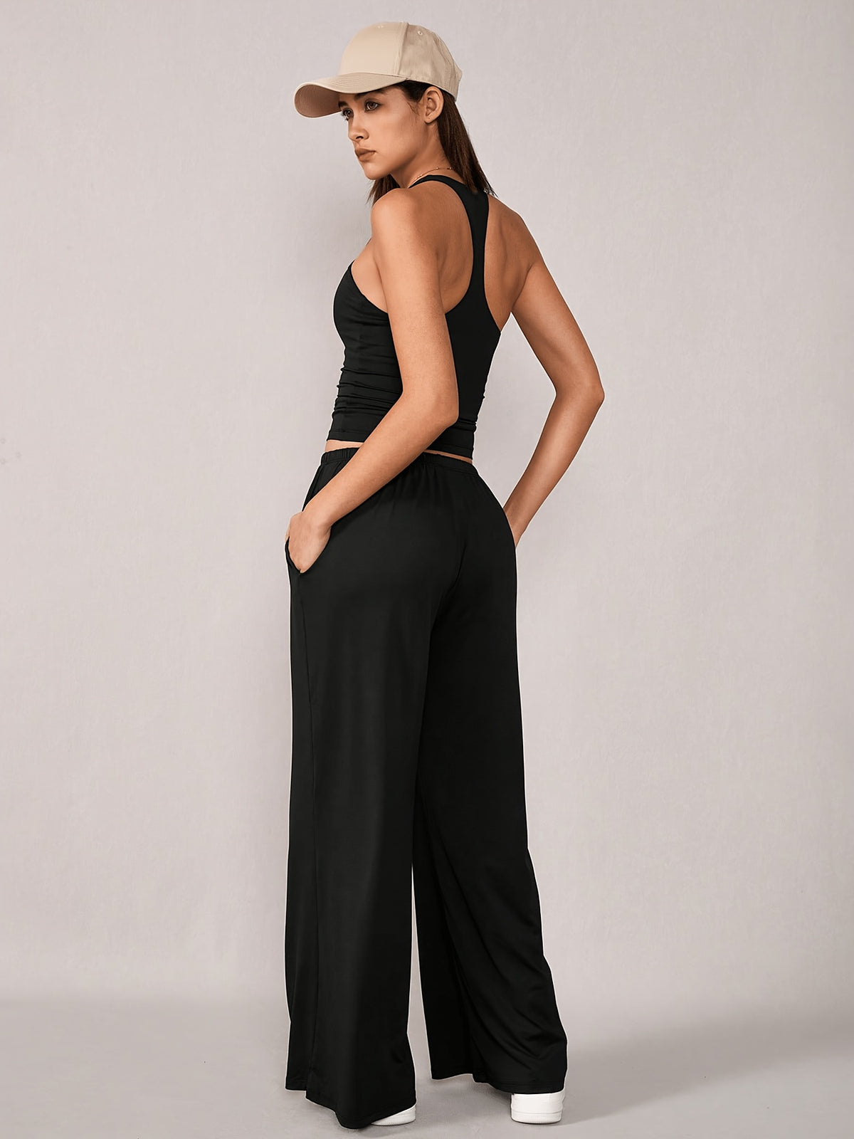 Racerback Tank & Wide Leg Pants Set - Black