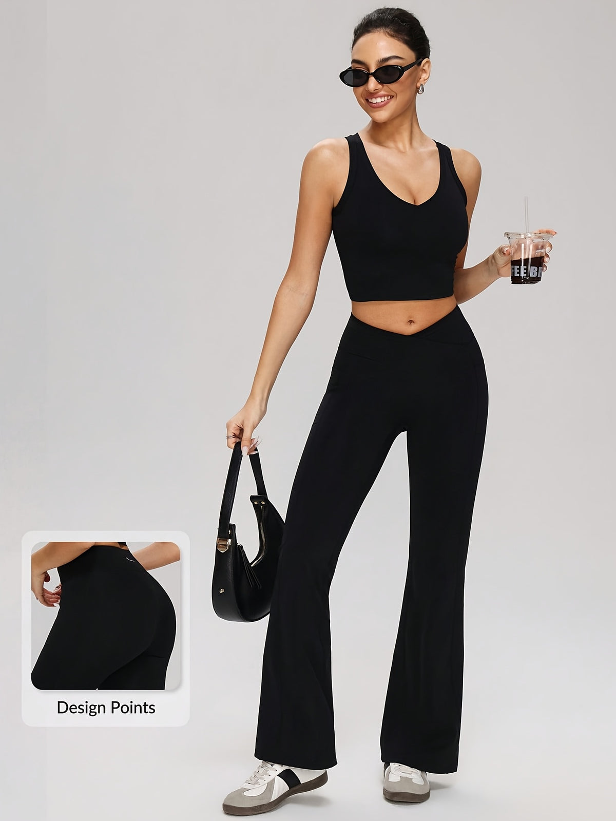 Cropped Tank & Flare Pants Set - Black