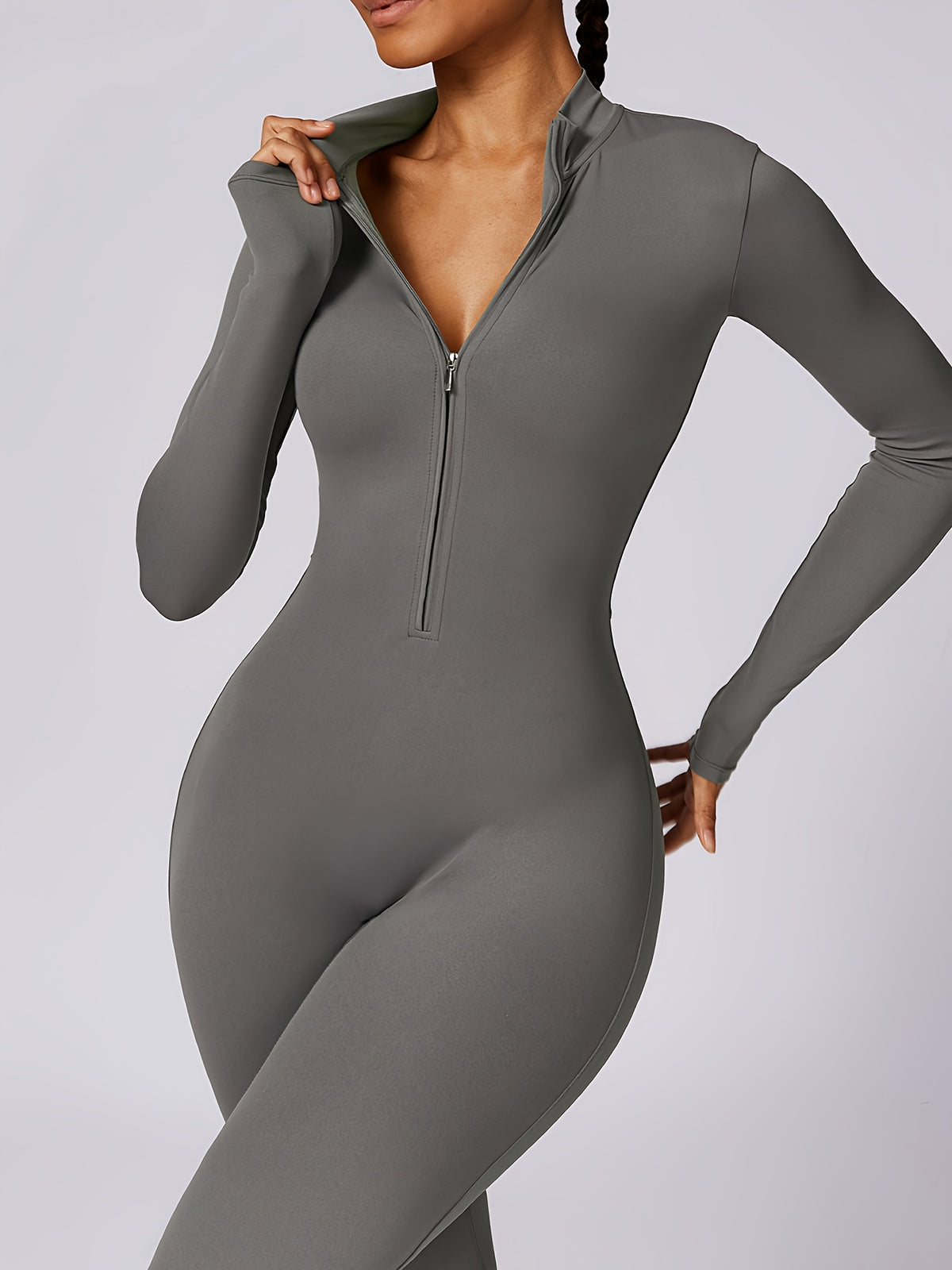Full Zip Long Sleeve Jumpsuit - Grey