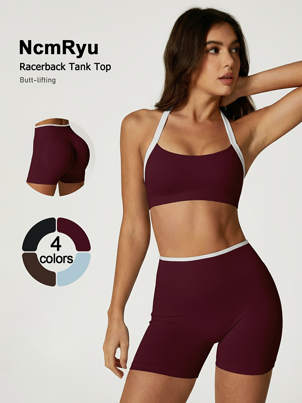 Contrast Trim Halter Bra & Shorts Set - Plum