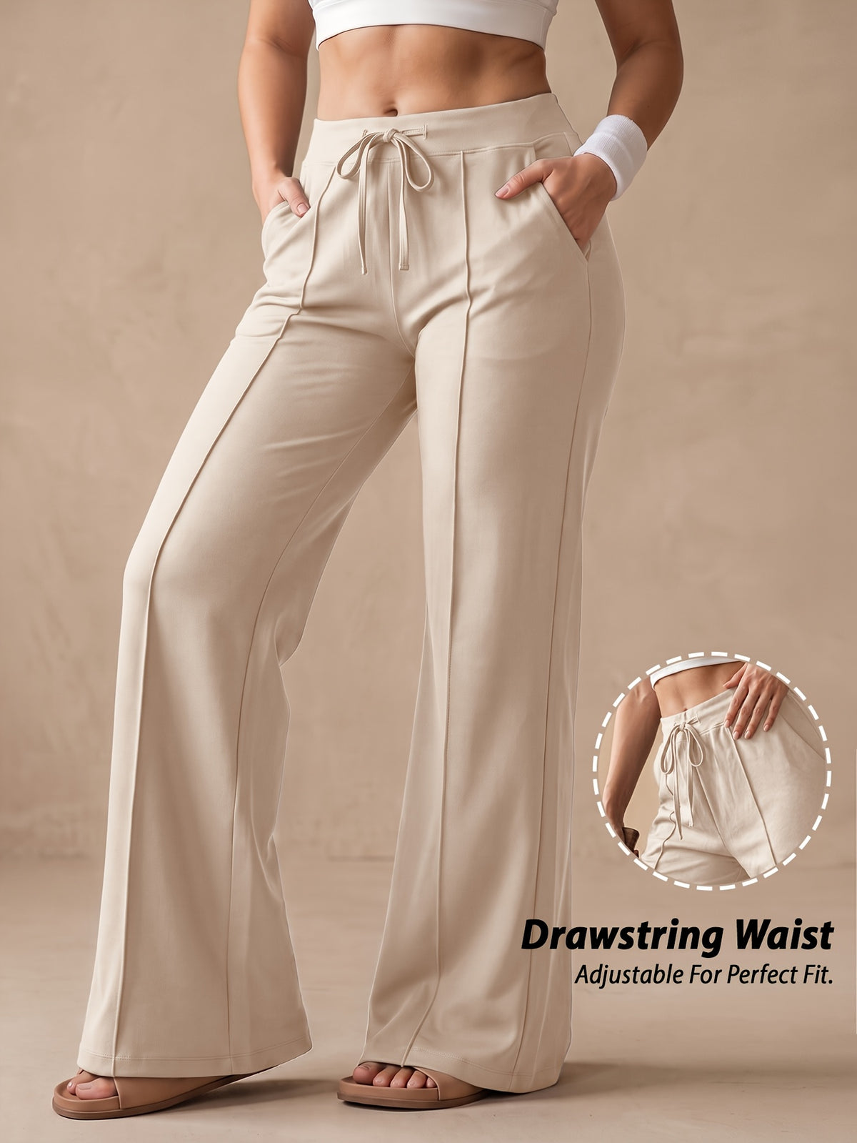 Drawstring Wide Leg Pocket Yoga Pants - Milky