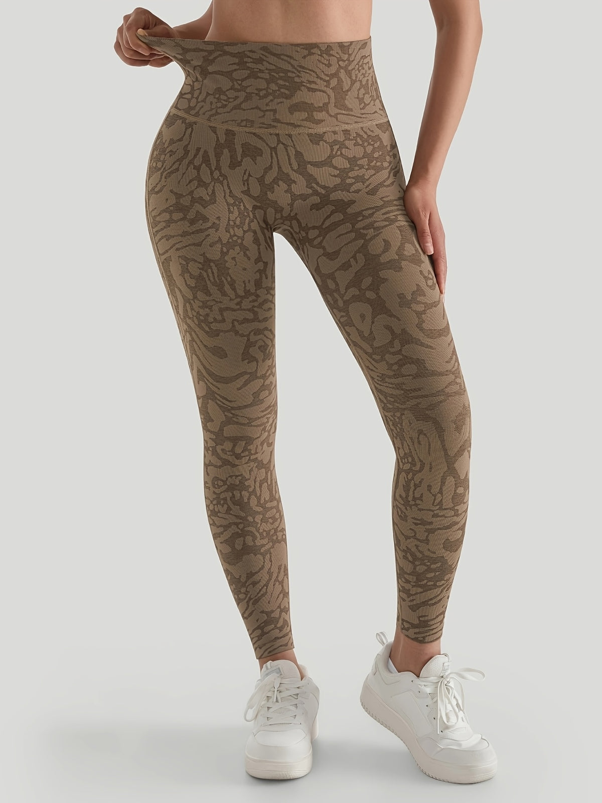 Non-Sheer Full Length Elastic Waist Leggings - Brown Leopard