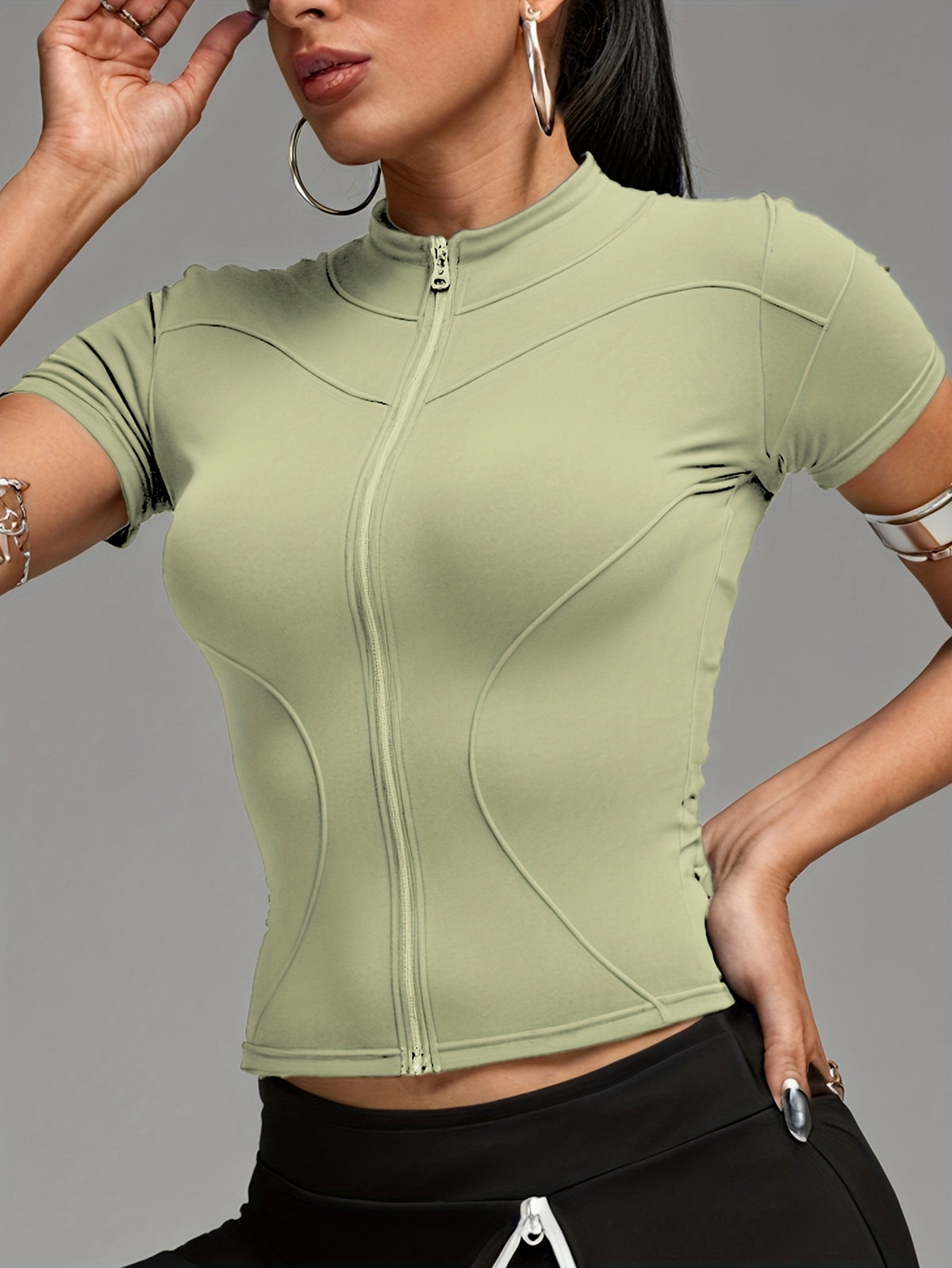 Short Sleeve Cropped Zip Jacket - Sage Green
