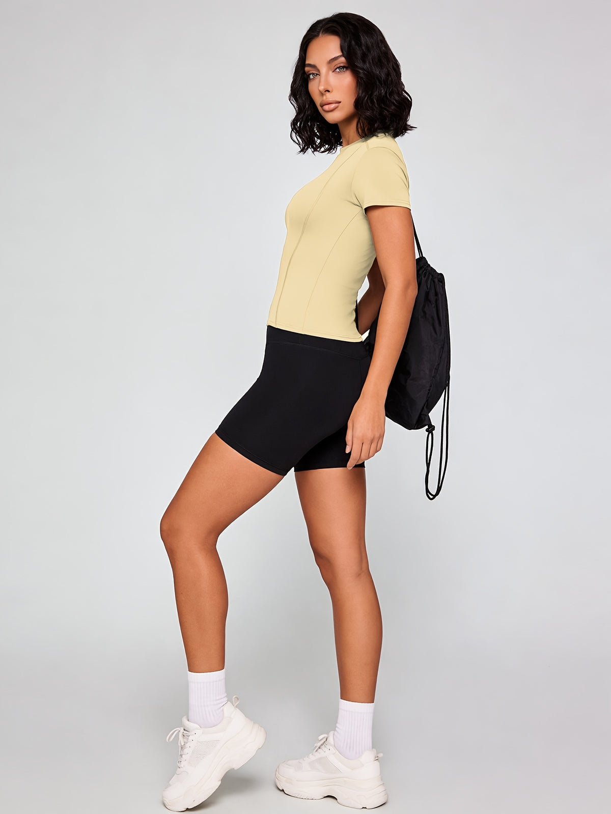 Quick-Dry Round Neck Yoga Tee - Light Yellow