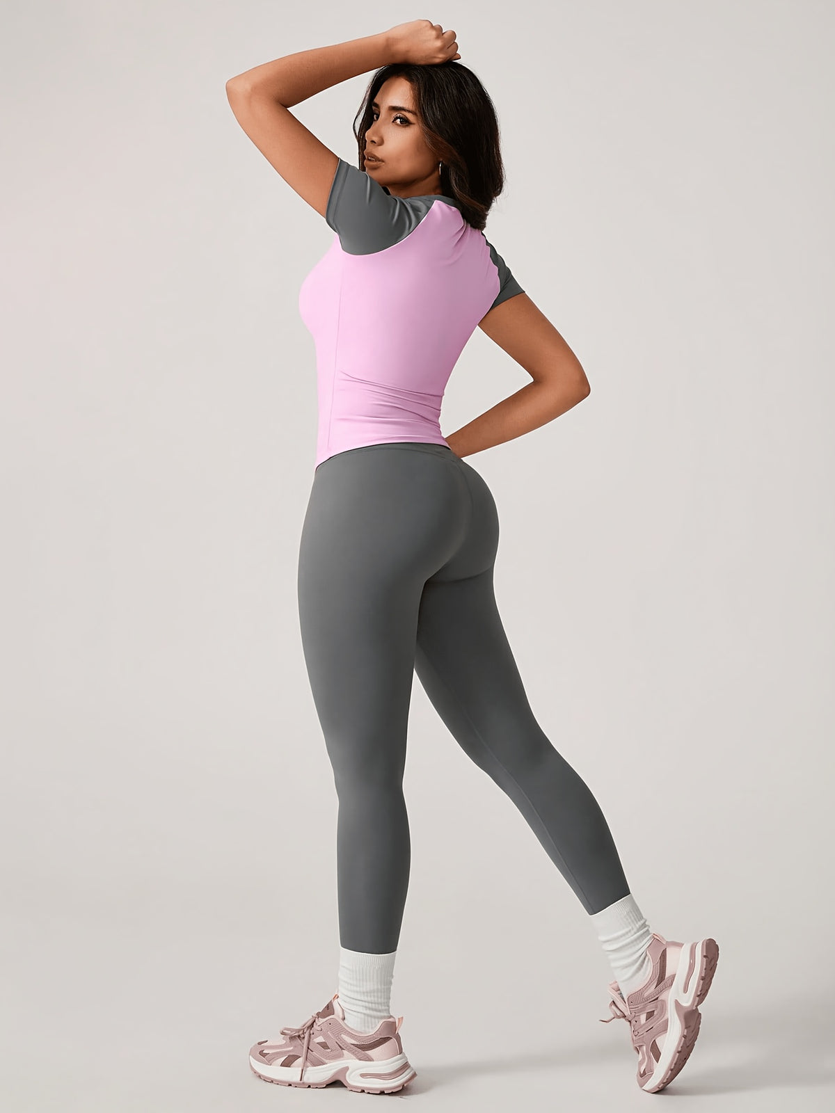 Colour Block Tee & Leggings Set - Pink & Grey